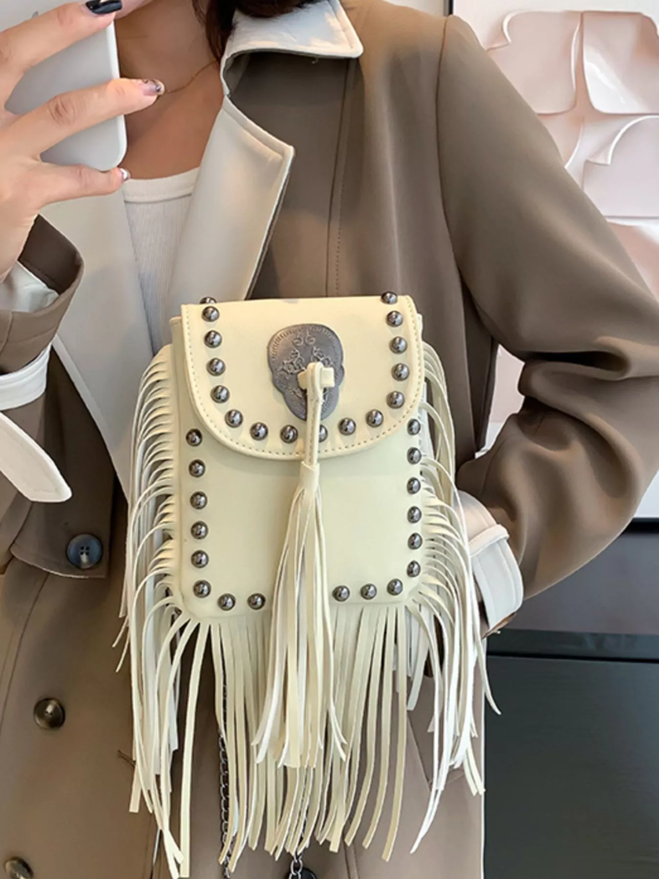 Fringe Rivet Decor Crossbody Bag