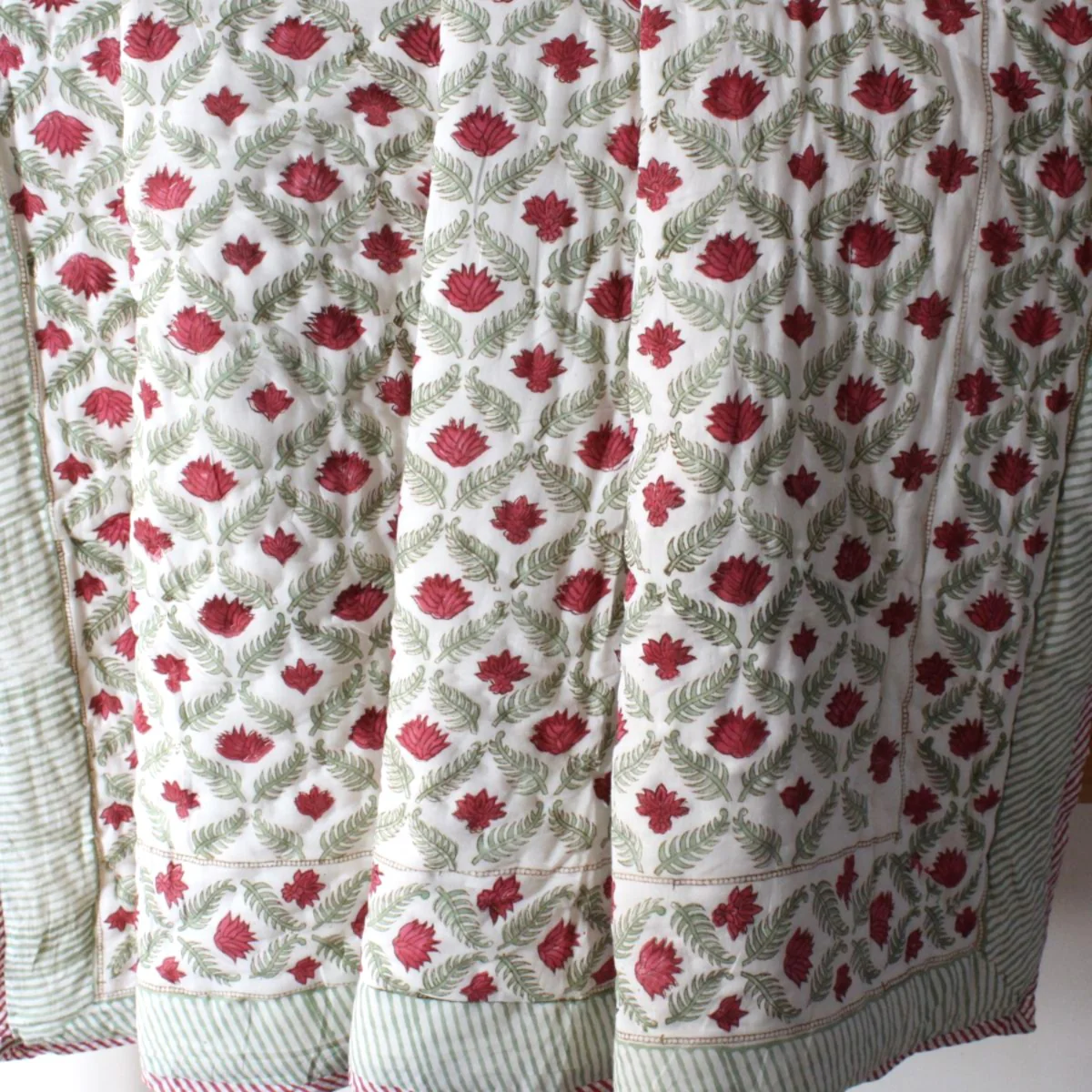 Ruby red and green reversible cotton quilt- King and Queen