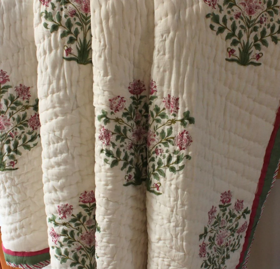 Pink Blooms pink and green reversible cotton quilt- King and Queen