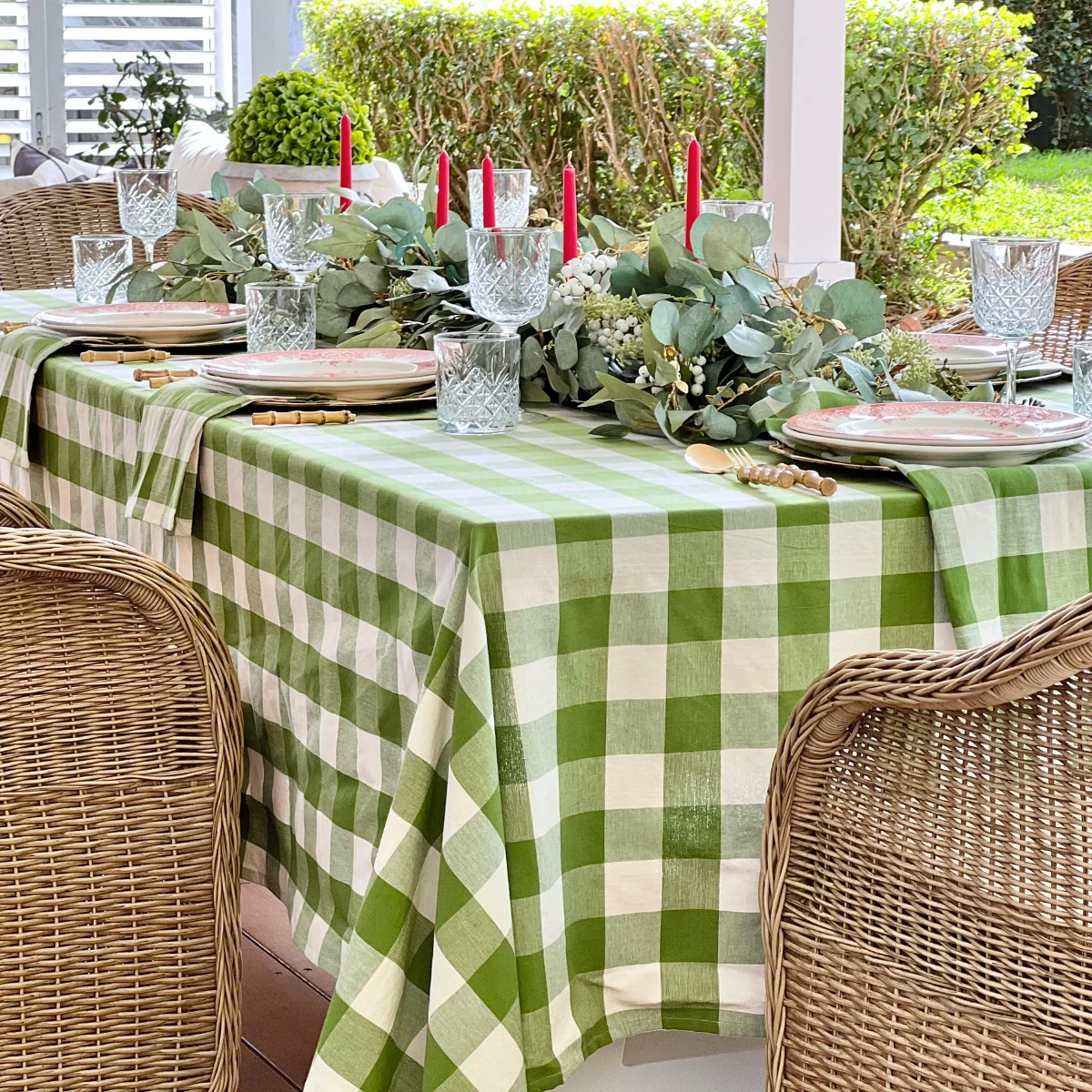 Green Gingham Check Square Tablecloth