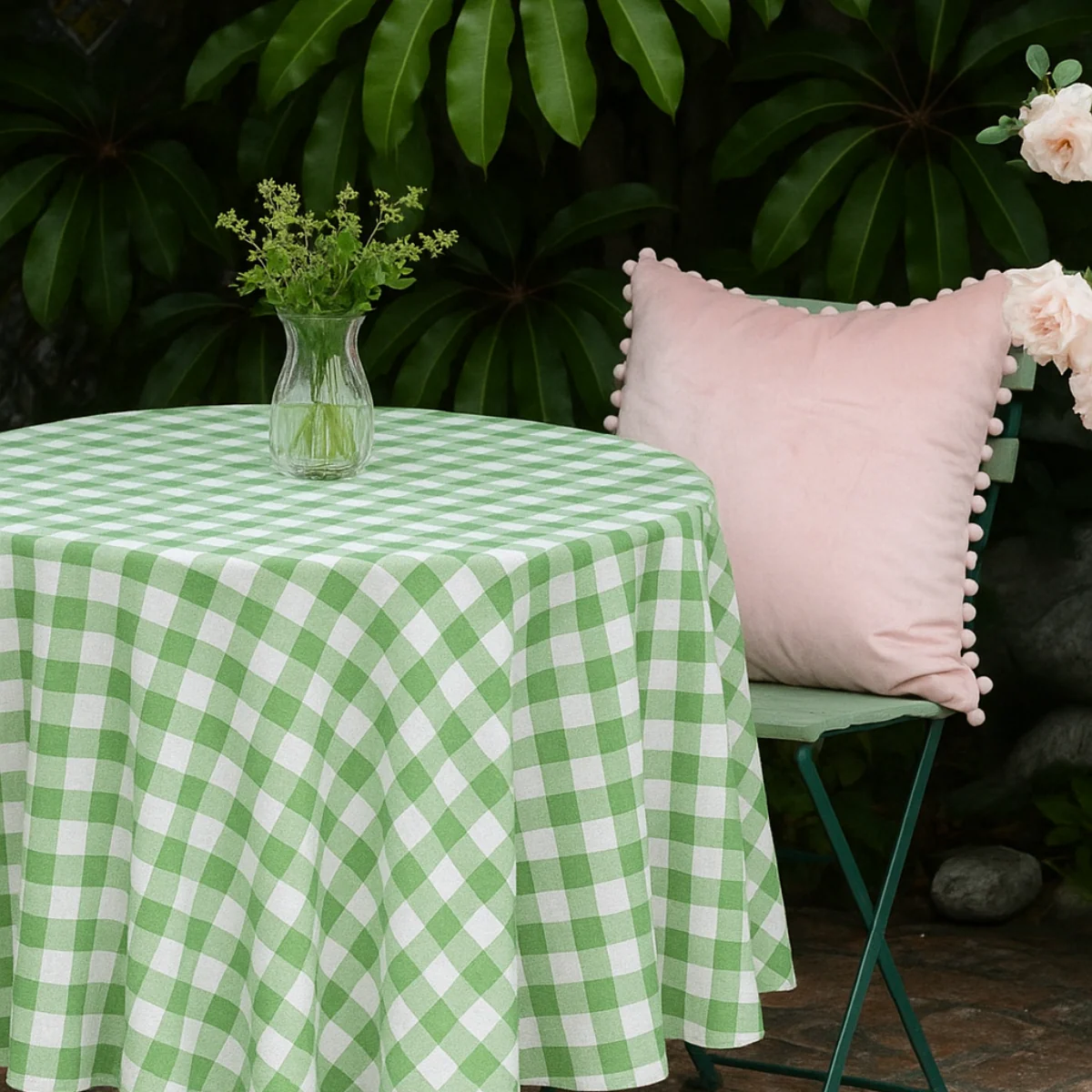 Green Gingham Check Round Tablecloth