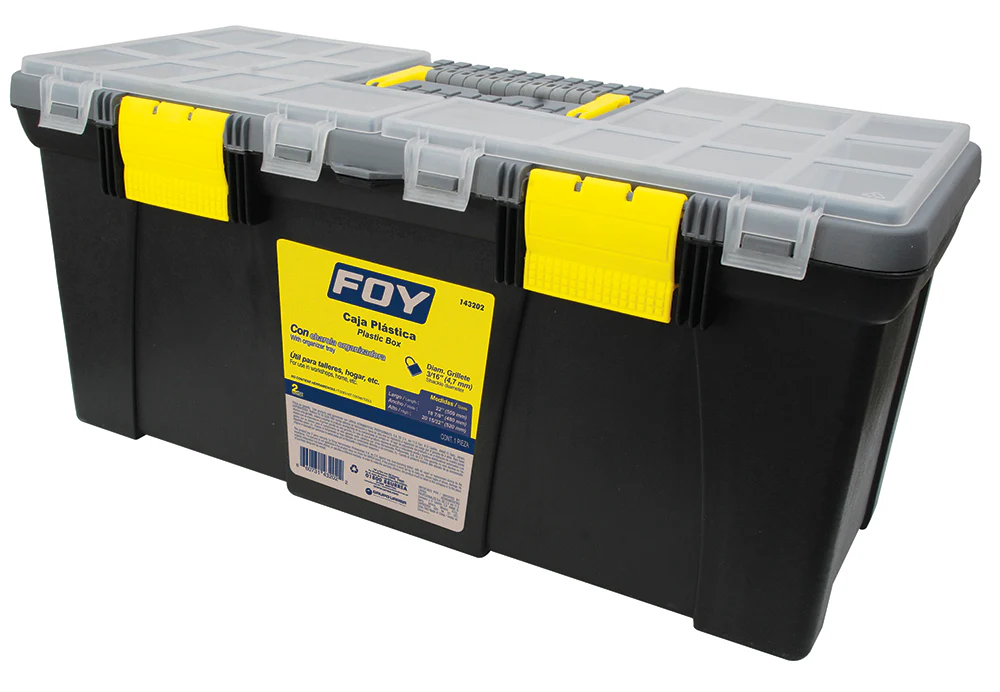 Caja portaherramientas plastica con broches plasticos y organizador 22