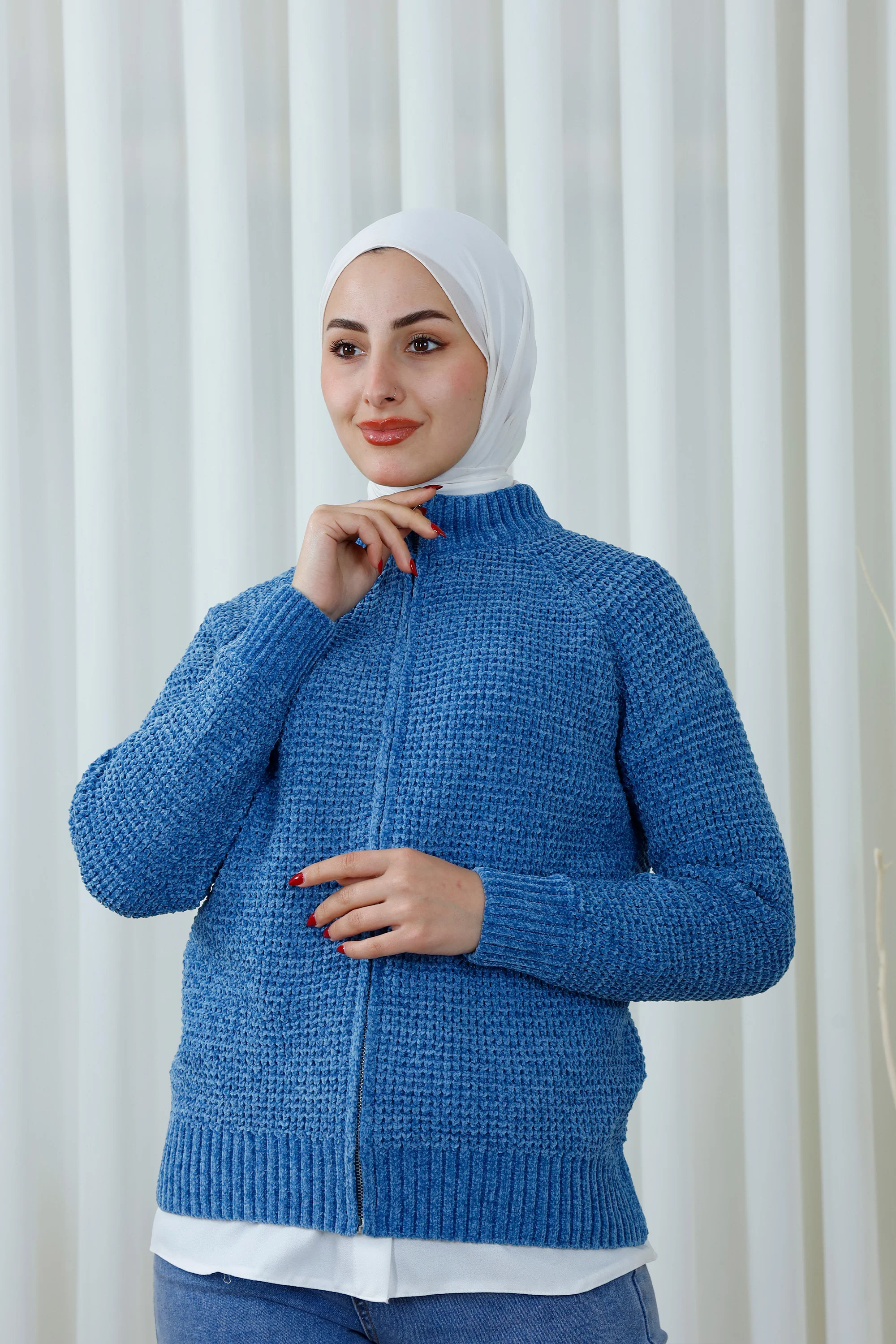 Waffle-Knit Zip-Up Sweater with High Collar