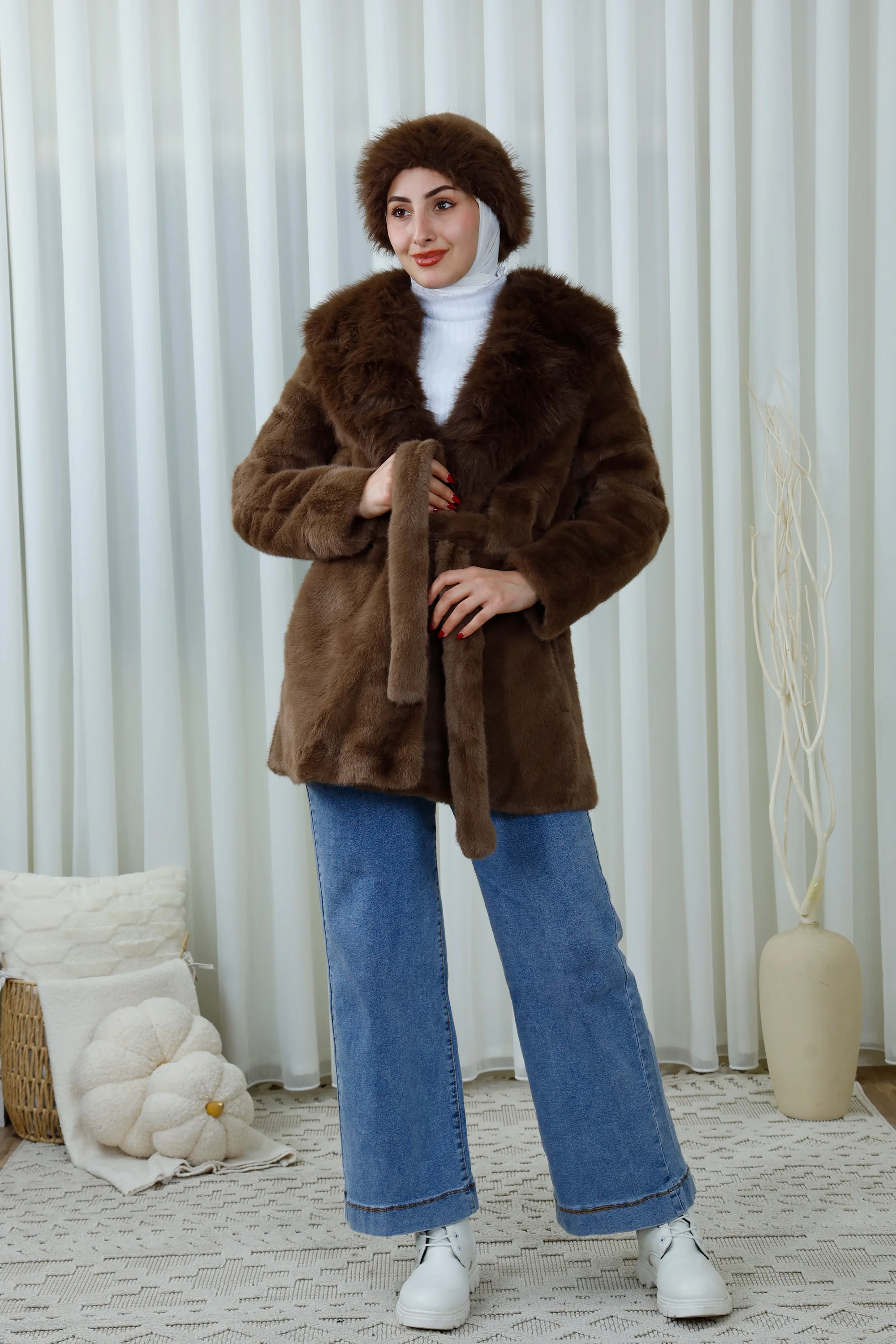 Faux Fur Coat with Belted Waist