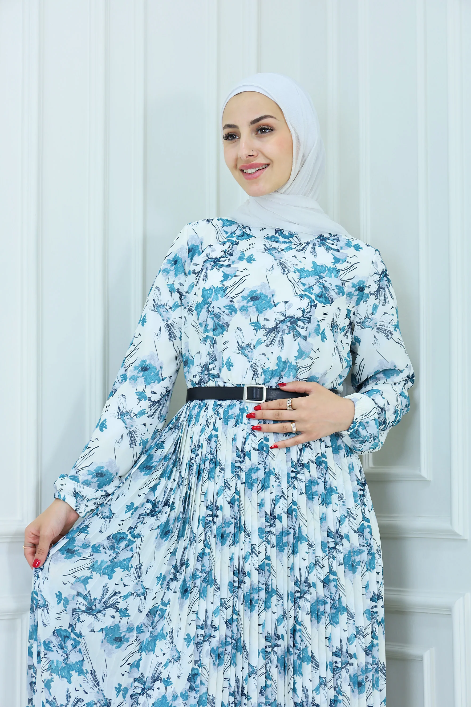 Floral Belted Pleated Chiffon Maxi Dress