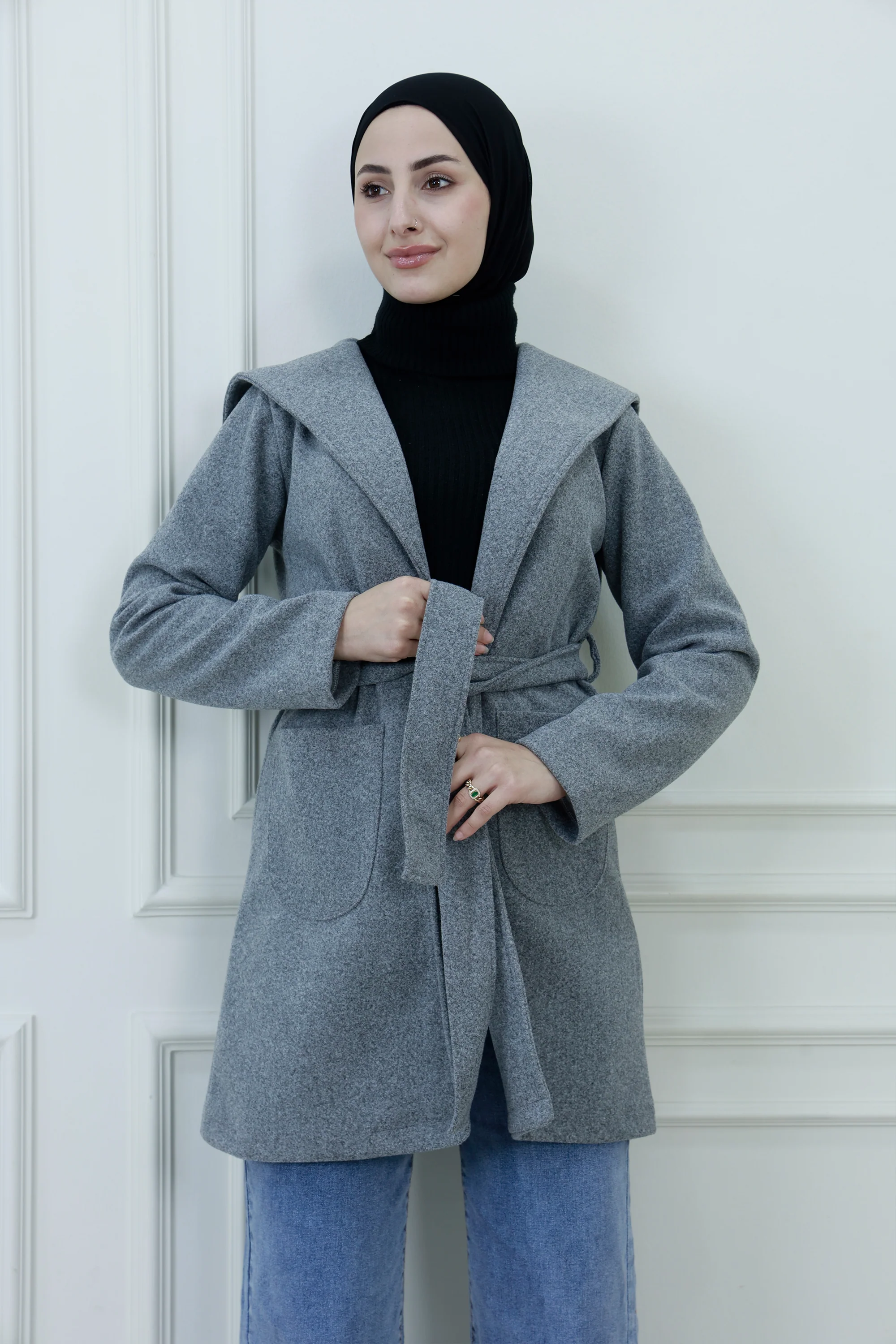 Women��s Belted Hooded Coat with Front Pockets