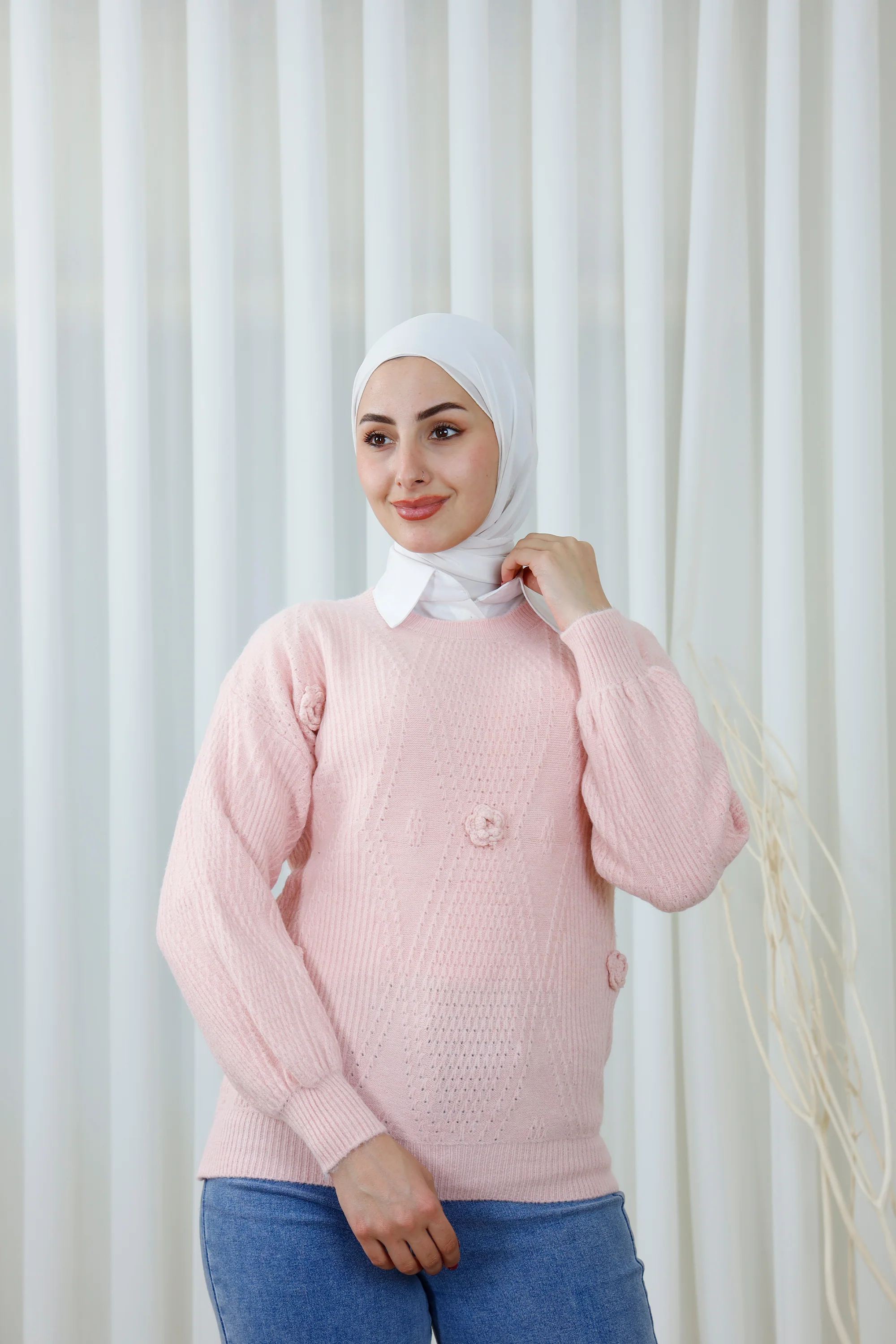 Textured Sweater with Floral Embellishments