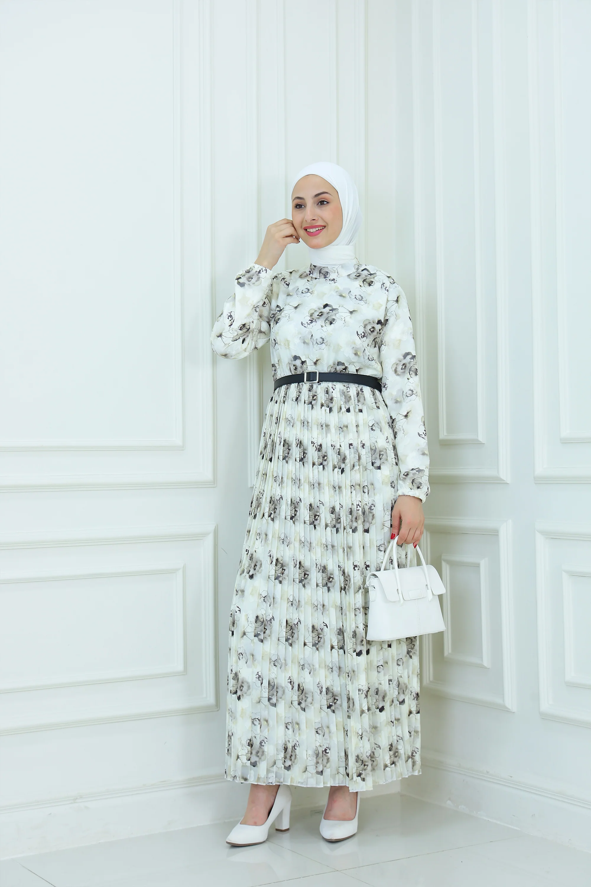 Floral Pleated Maxi Dress with Belted Waist