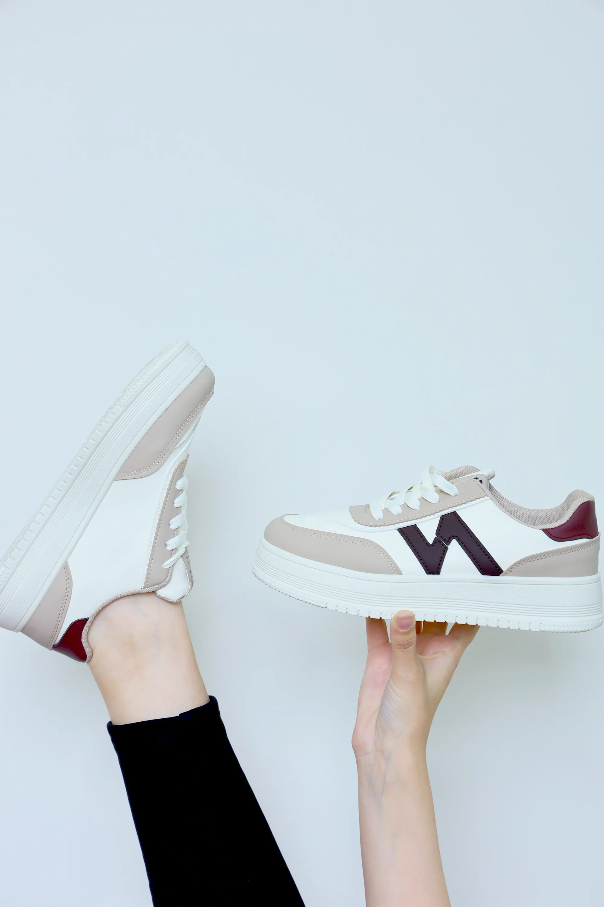 Chic White Sport Sneaker with Dark Red & Beige Accents