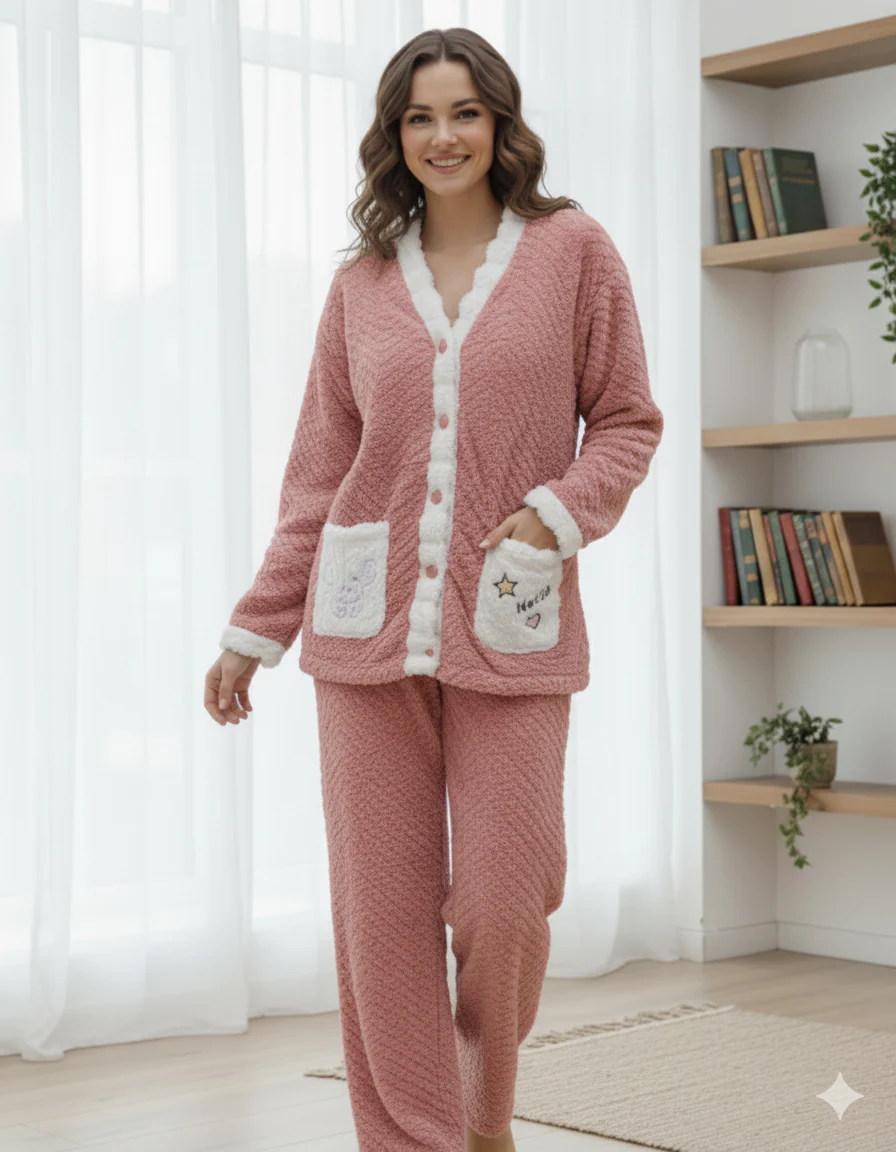 Plush Textured Home Suit with Embroidered Pockets