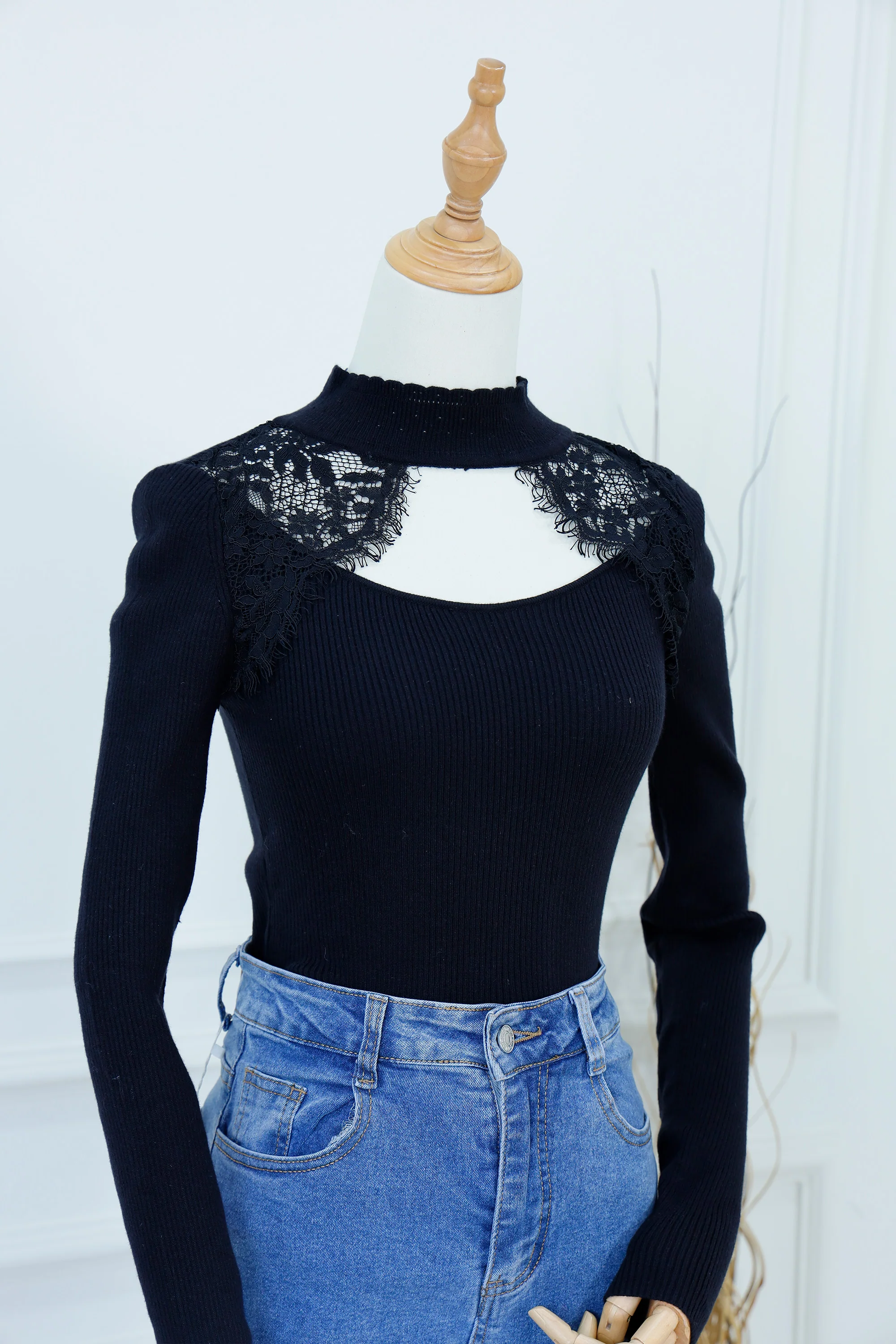 Lace-Trim Cut-Out Knit Top