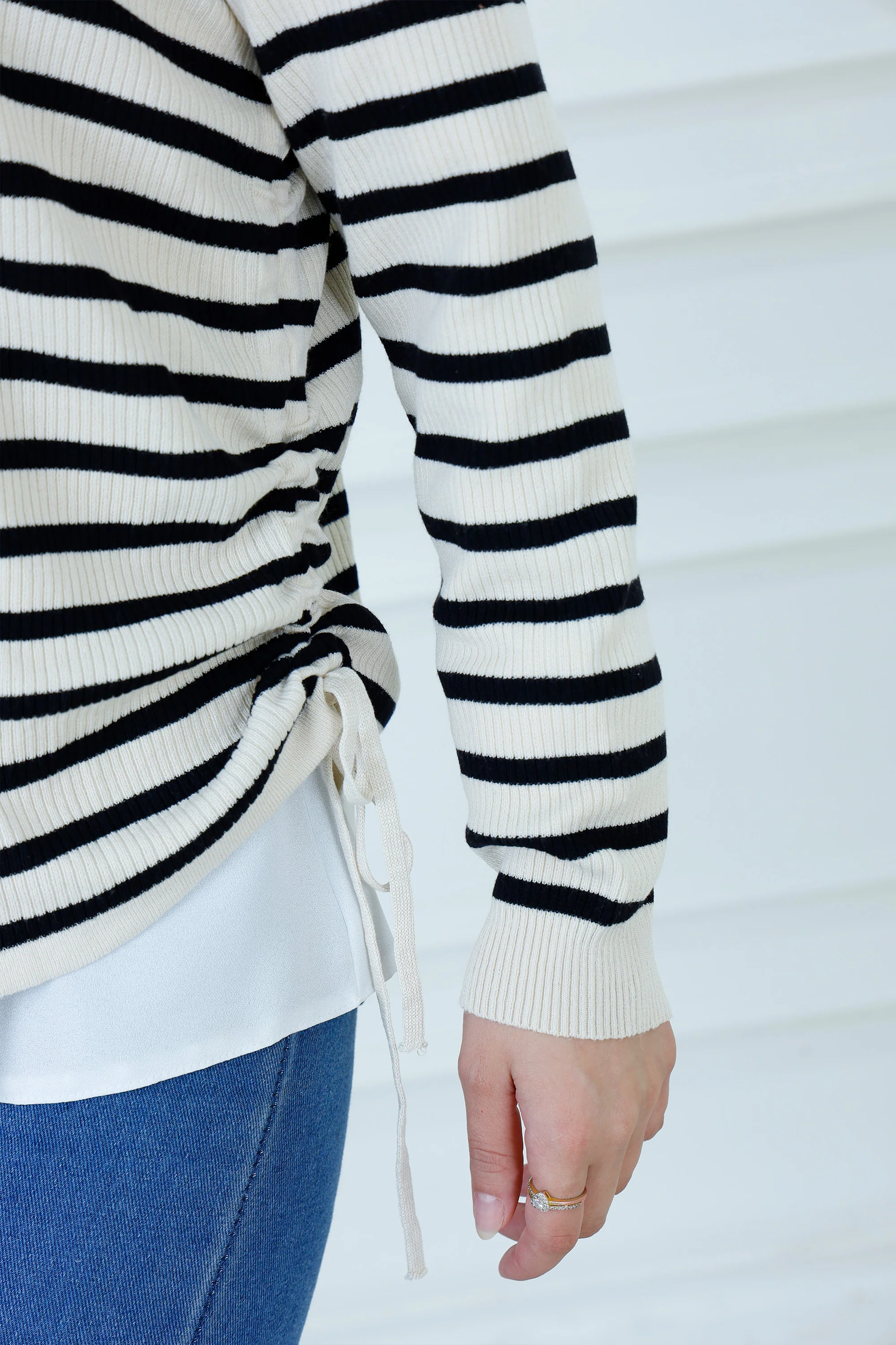 Striped Ribbed Sweater with Adjustable Side Drawstring