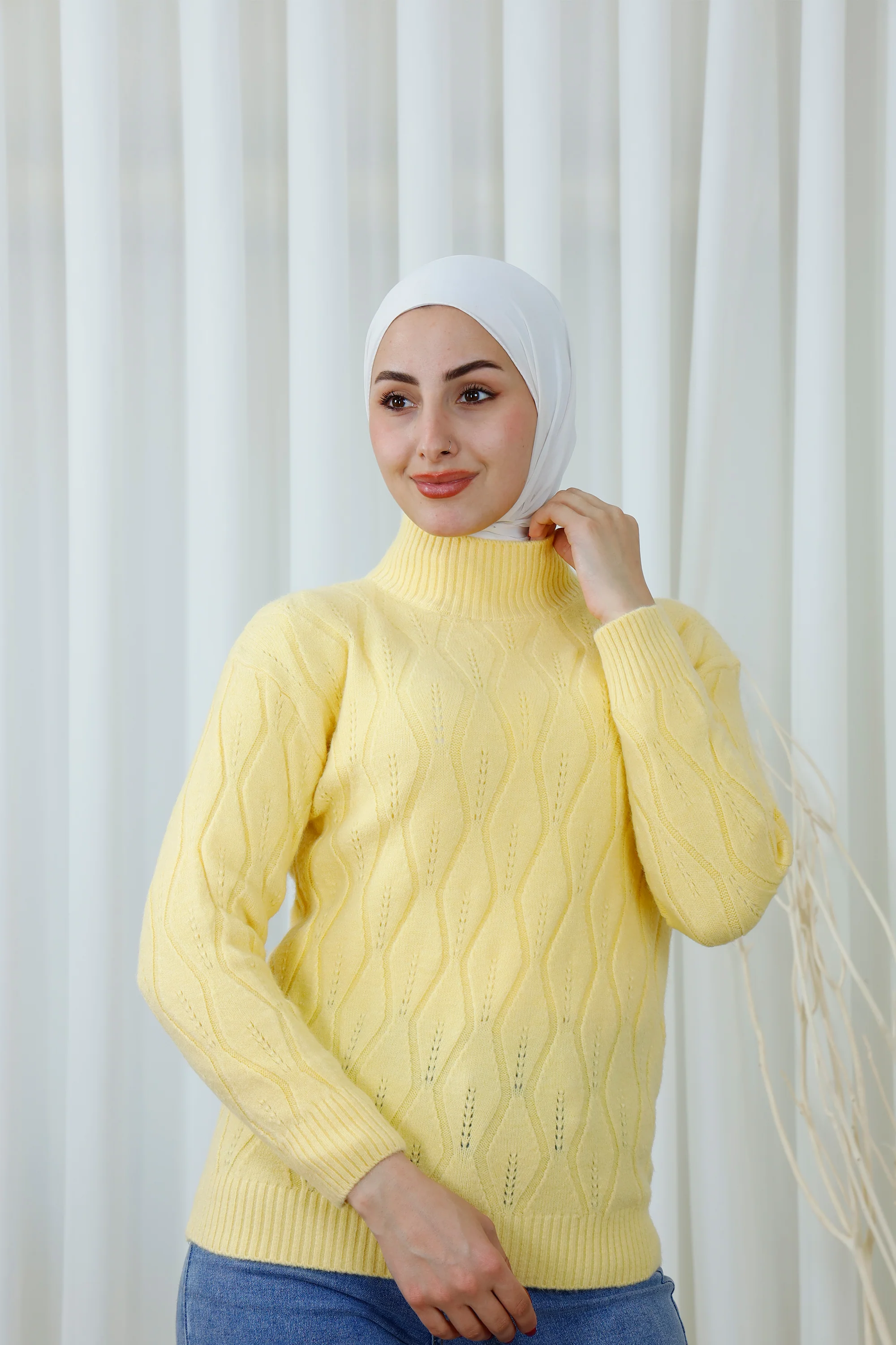 Textured High-Neck Sweater with Decorative Pattern