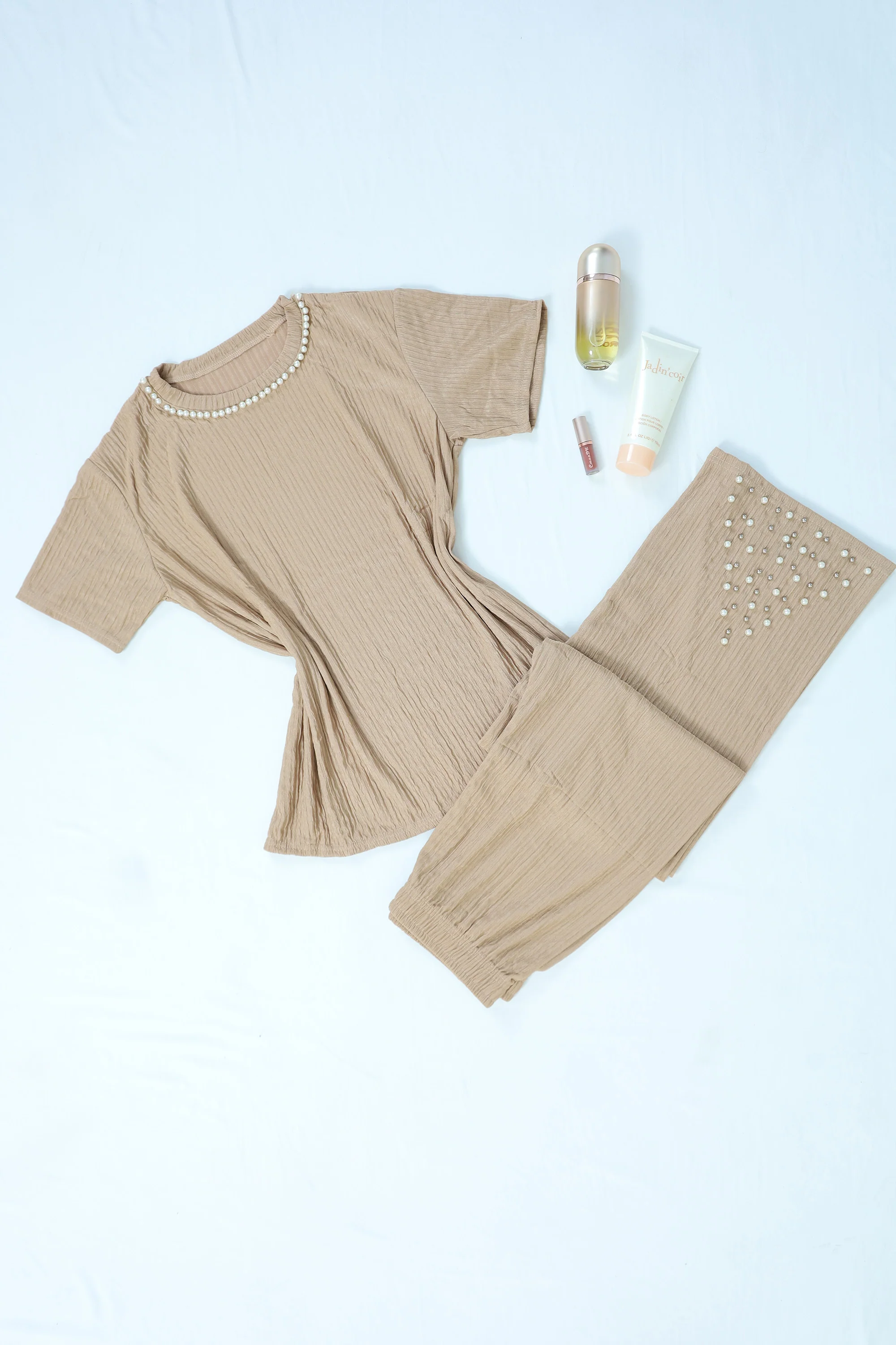 Pearl-Embellished Elegant Pajama Set