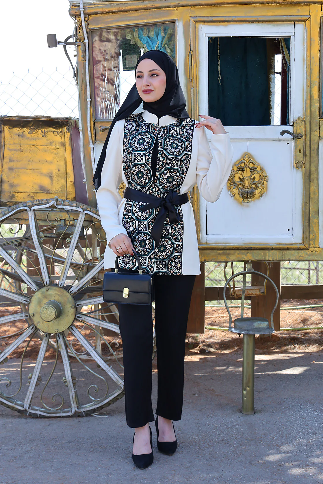 Elegant Full Embroidered Front Blazer with Belted Waist
