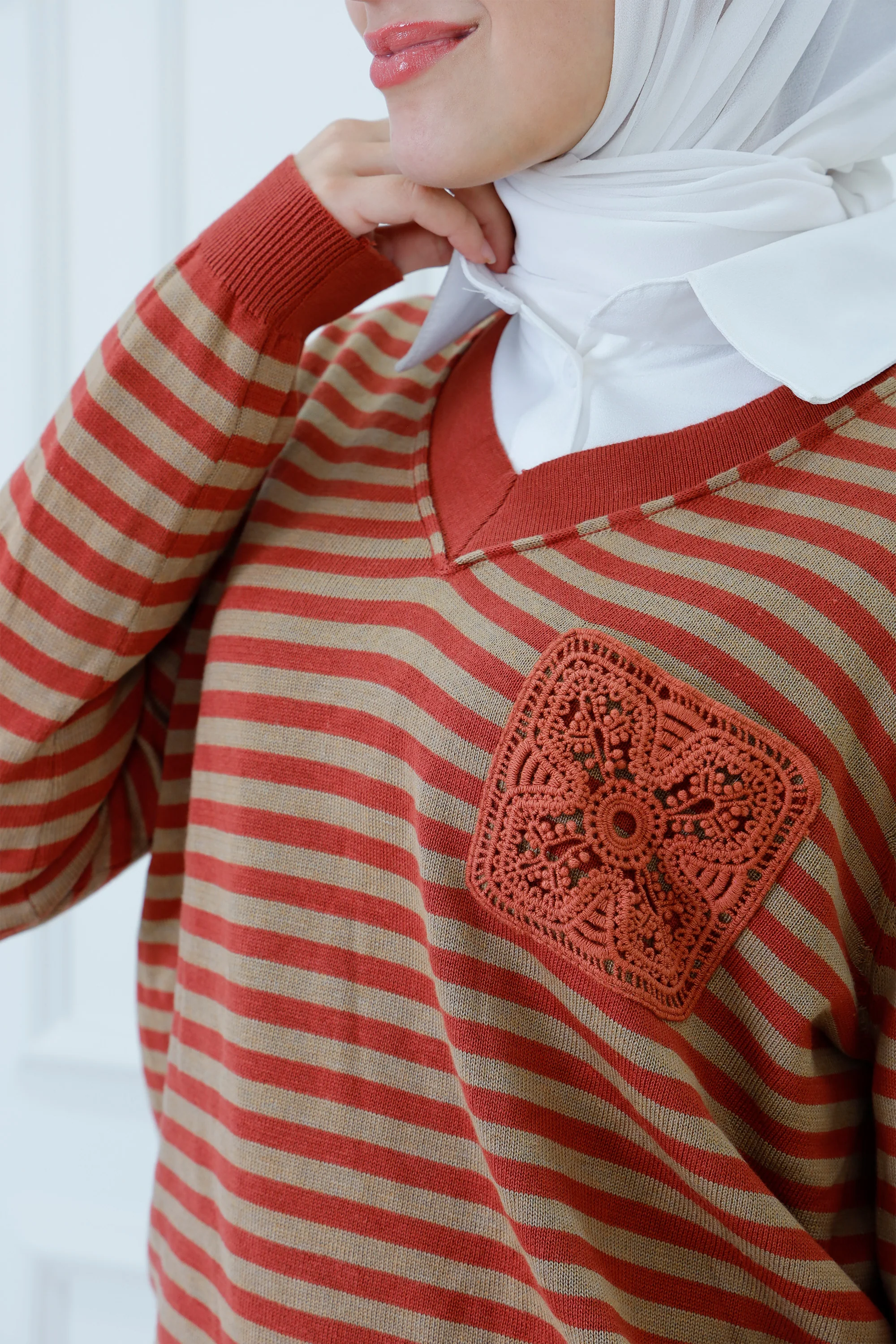 Striped V-Neck Knit Sweater with Unique Crochet Detail