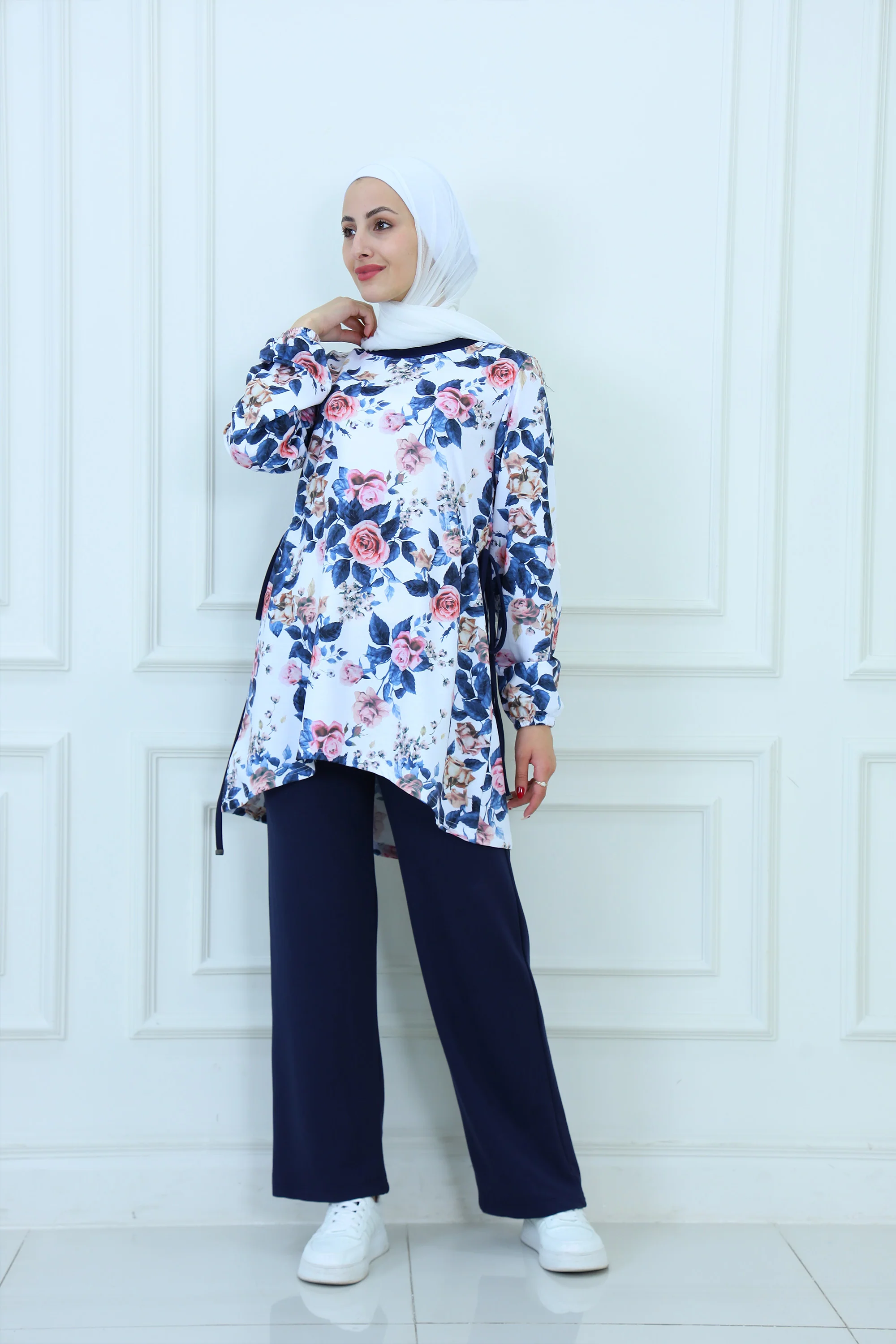 Floral Printed Modest Suit Set with Side Ties
