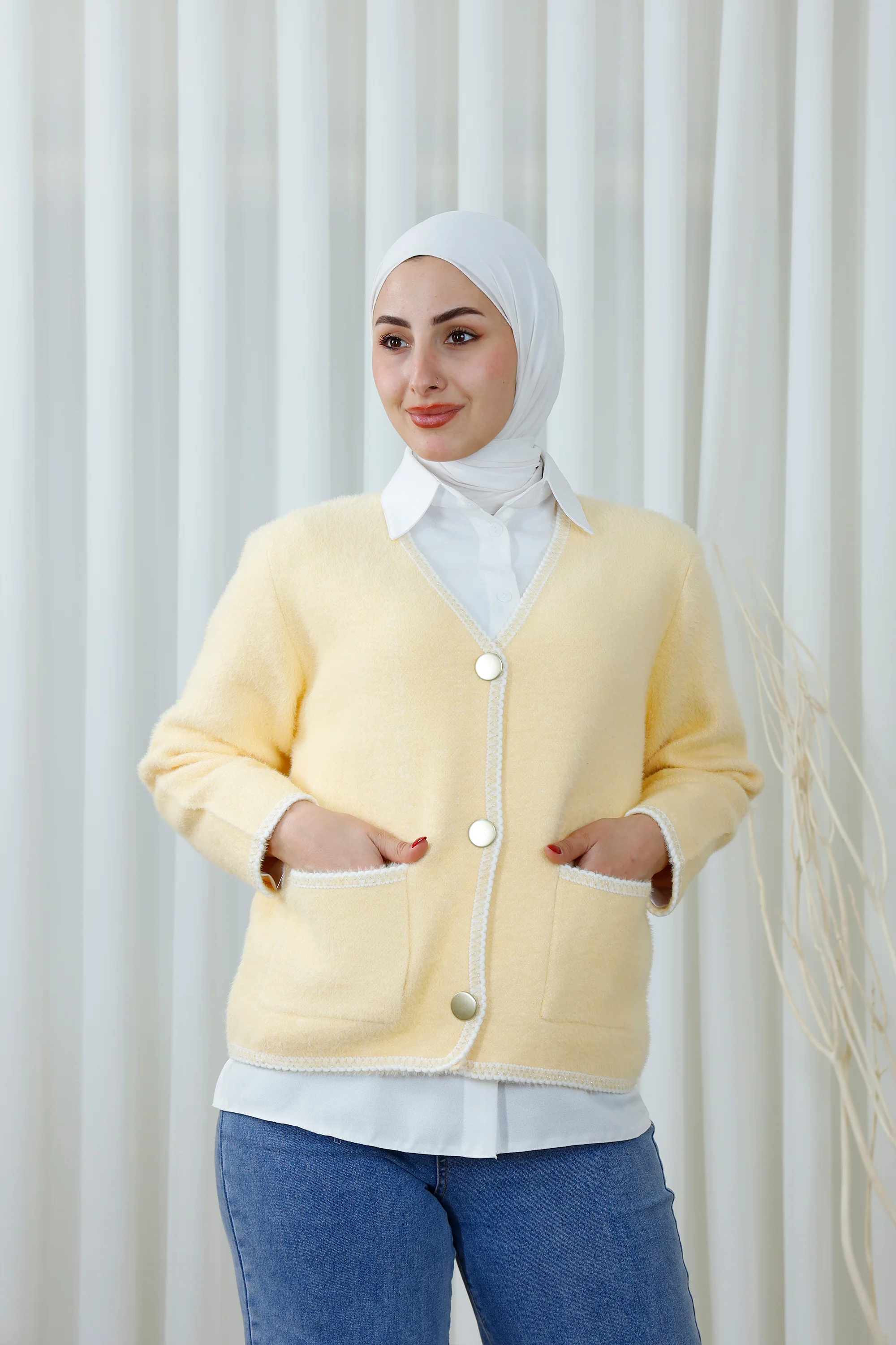 Trimmed Button-Up Cardigan with Pockets