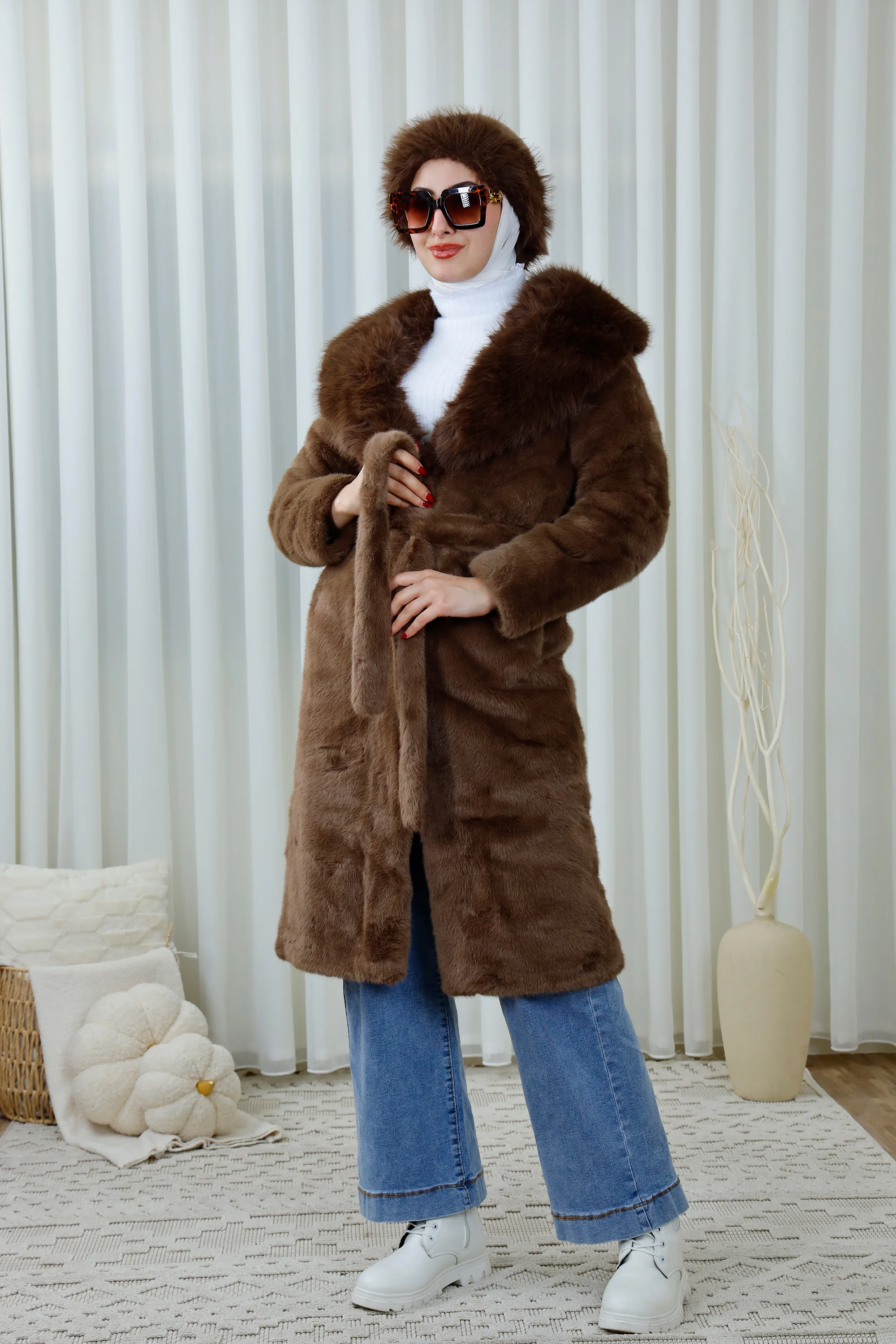 Faux Fur Coat with Belted Waist