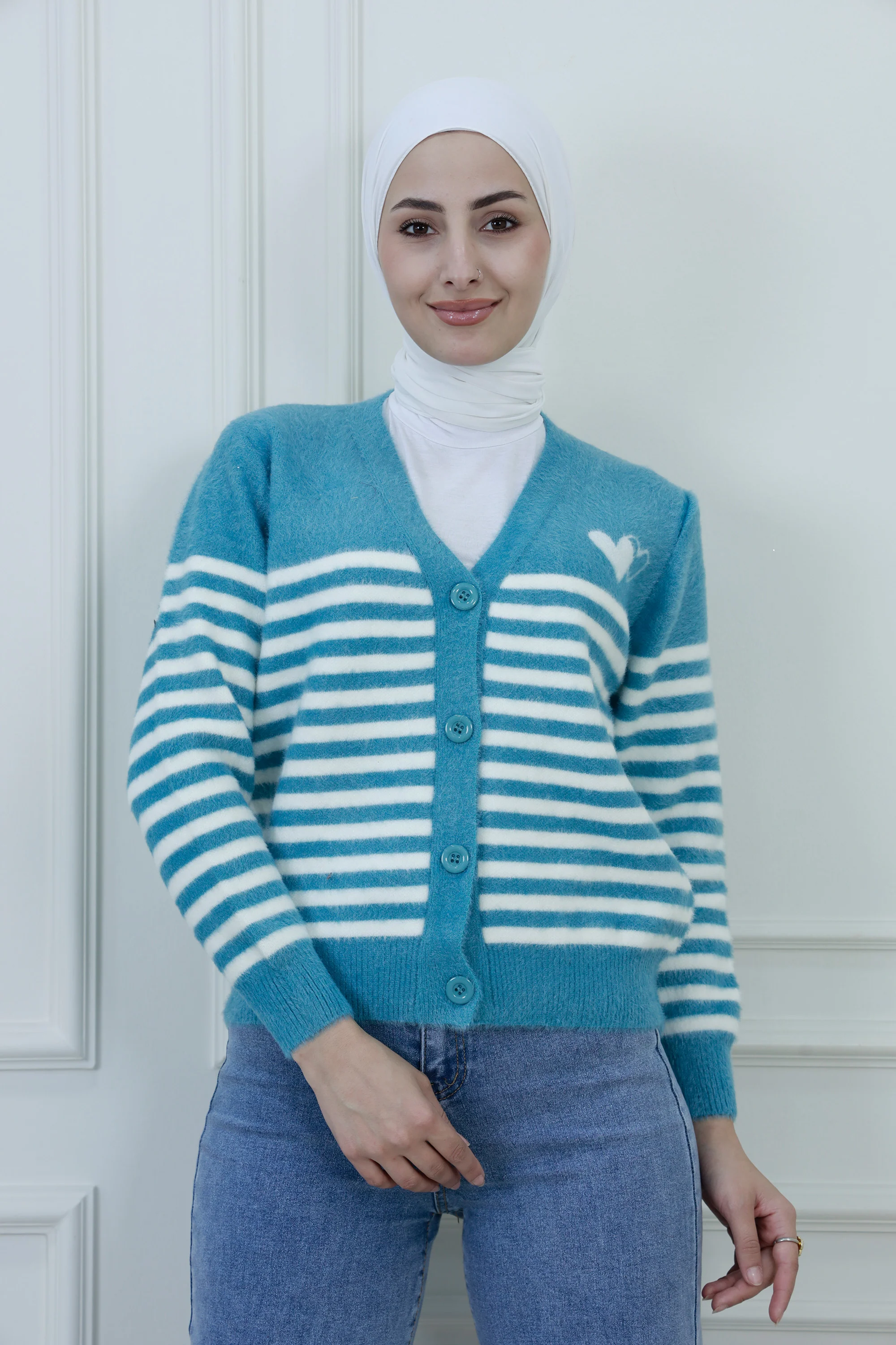 Women��s Striped Knit Cardigan �C Heart Detail