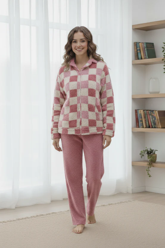 Checkered Zip-Up Plush Pajama