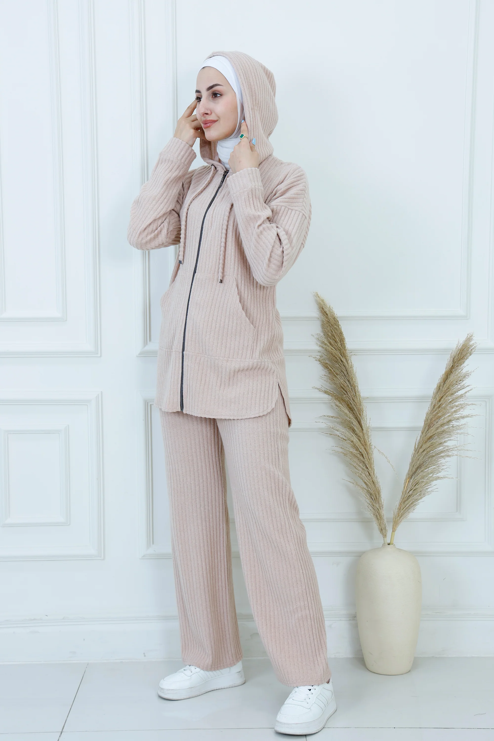 Ribbed Zip-Up Hoodie & Pants Ensemble