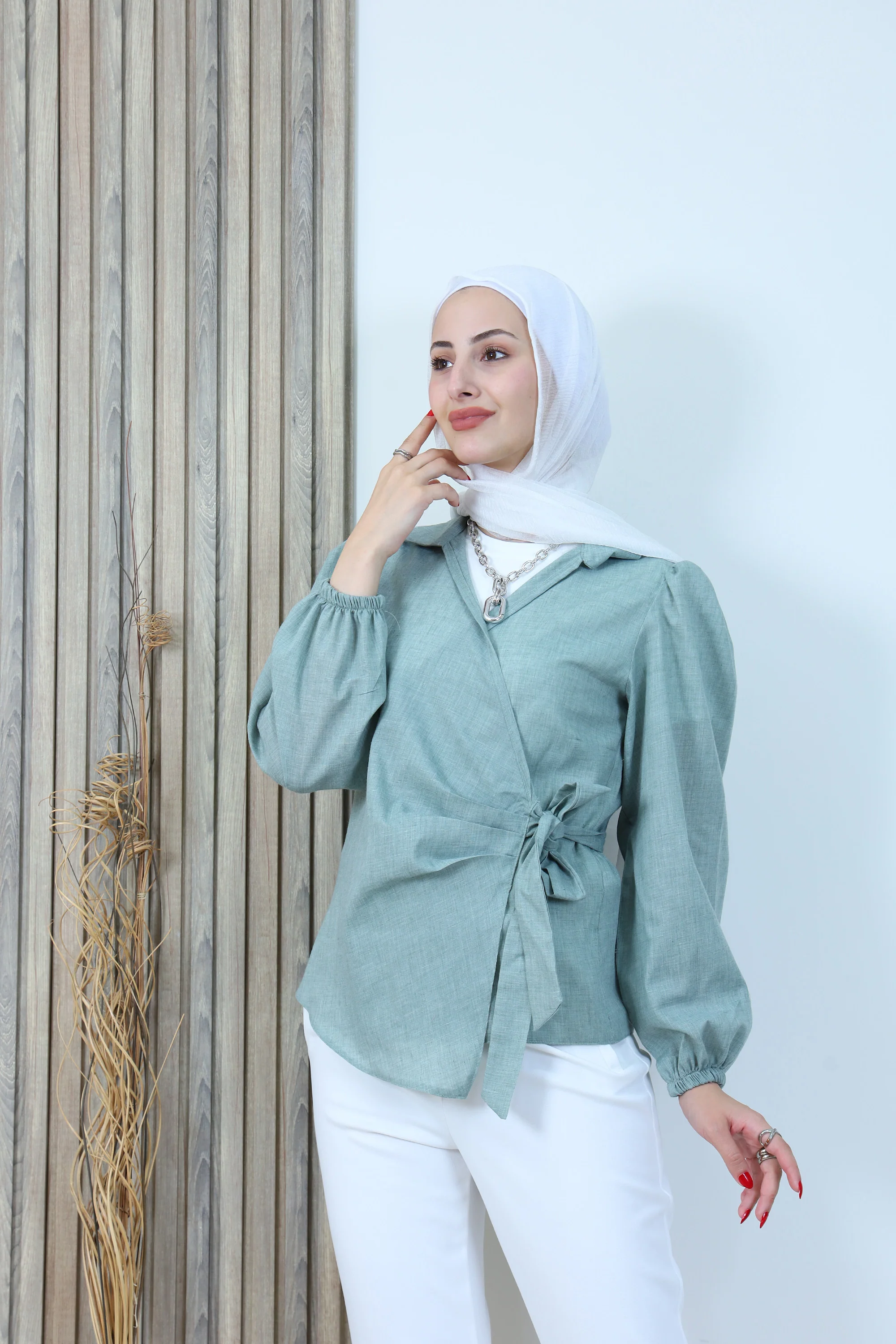 Wrap Style Long Sleeve Blouse with Waist Tie