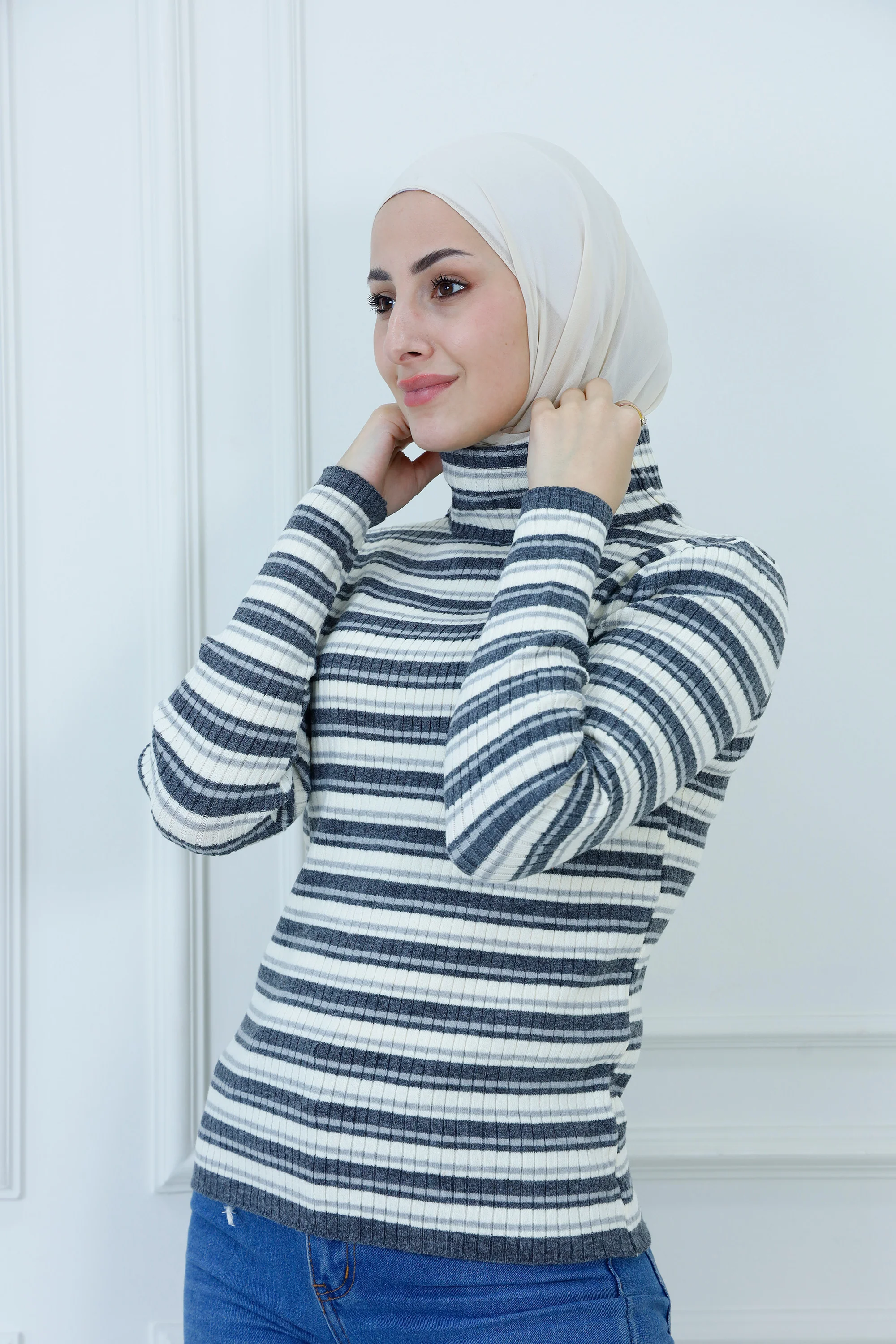 Fitted Multi-Stripe Ribbed Knit Turtleneck