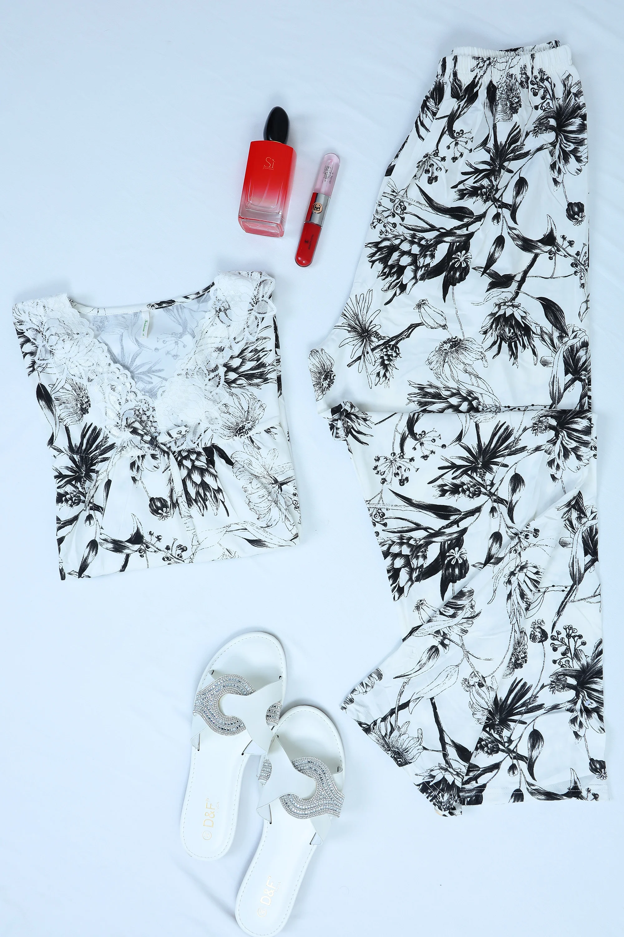 Floral Lace-Detail Pajama Set