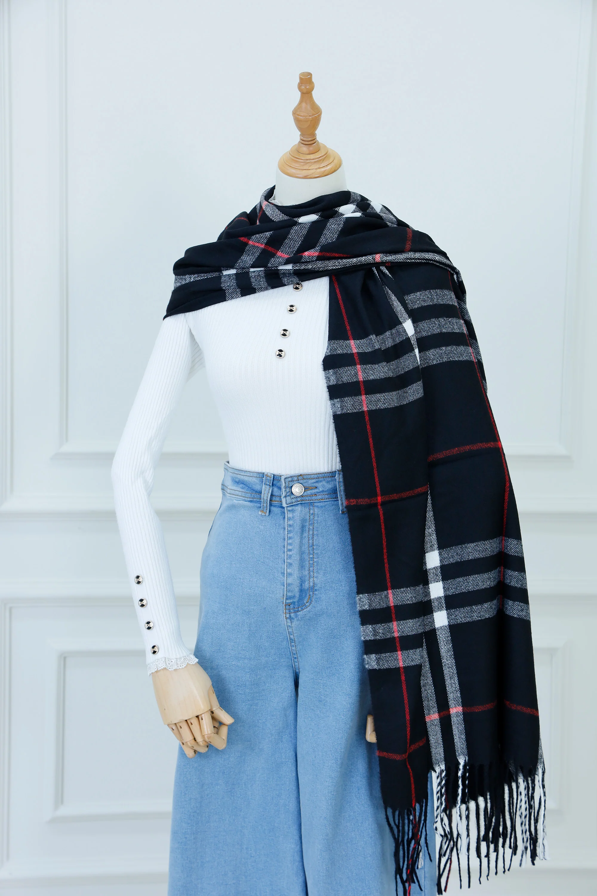 Plaid Knit Shoulder Scarf (12)