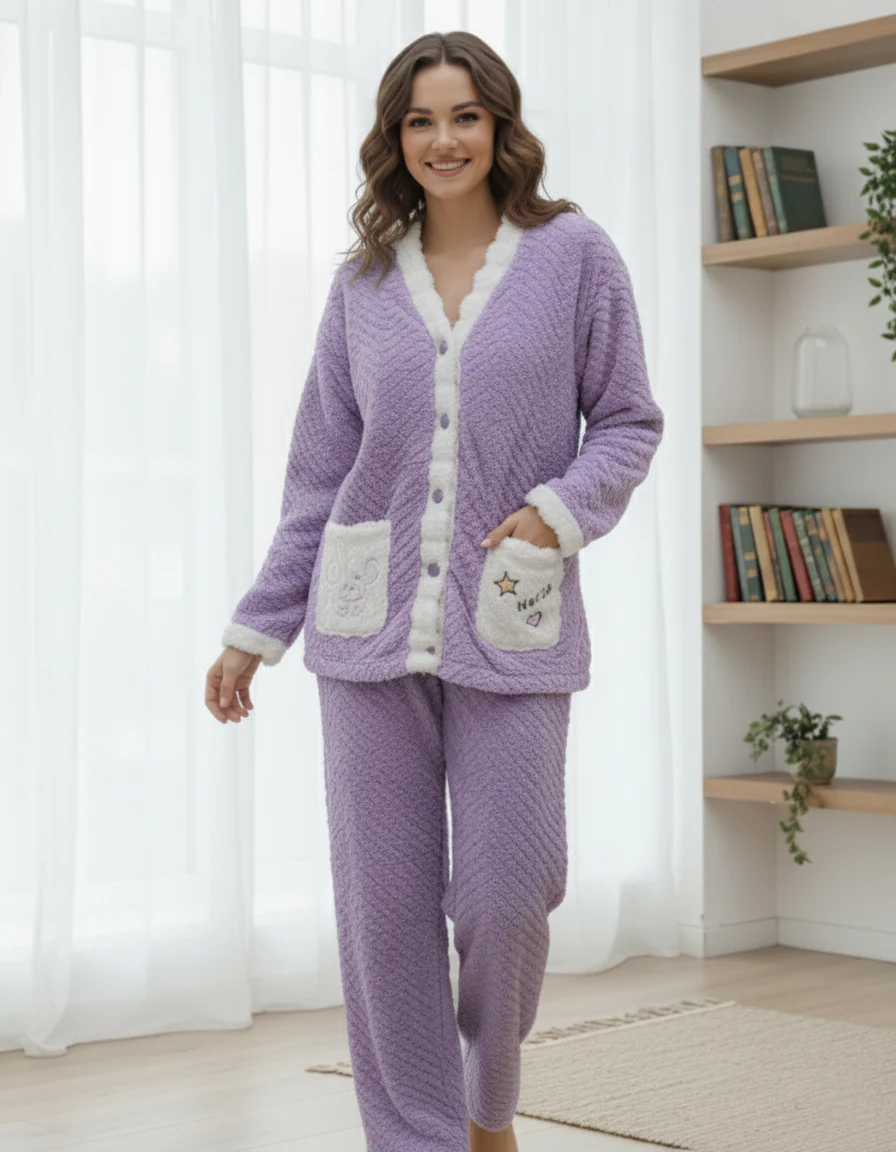 Plush Textured Home Suit with Embroidered Pockets