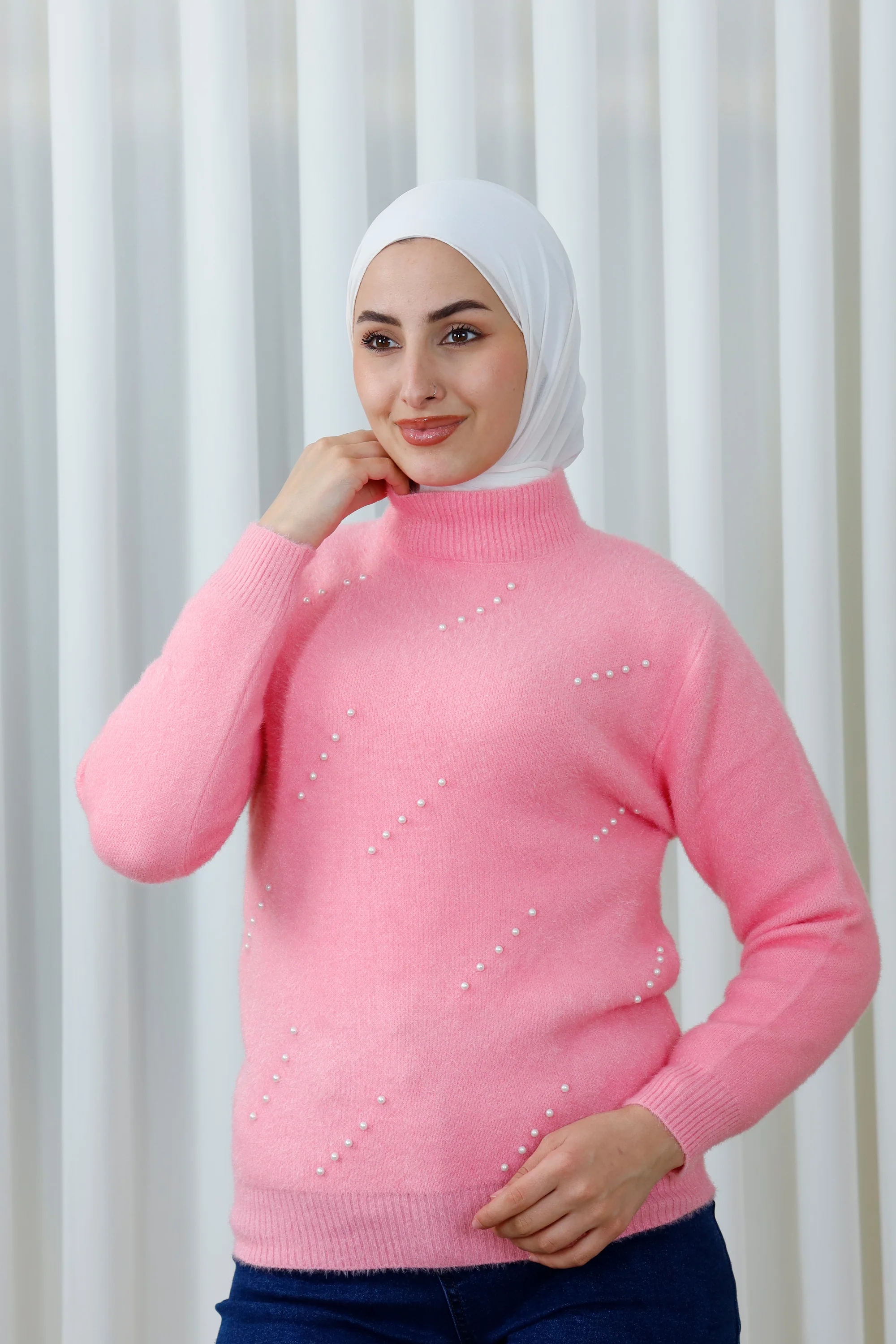 Pearl Detail High-Neck Knit Blouse