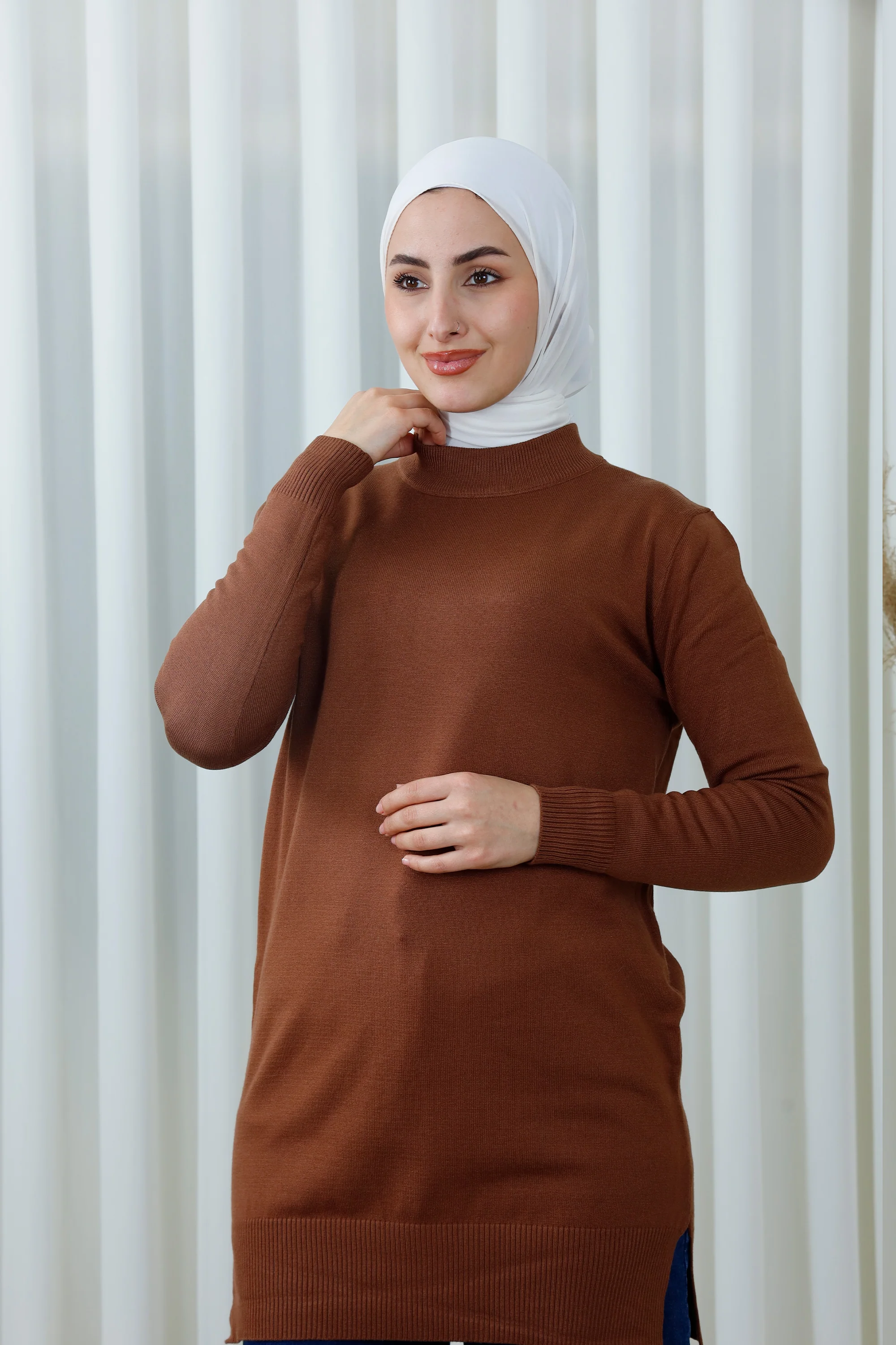 Soft High-Neck Knit Long Blouse