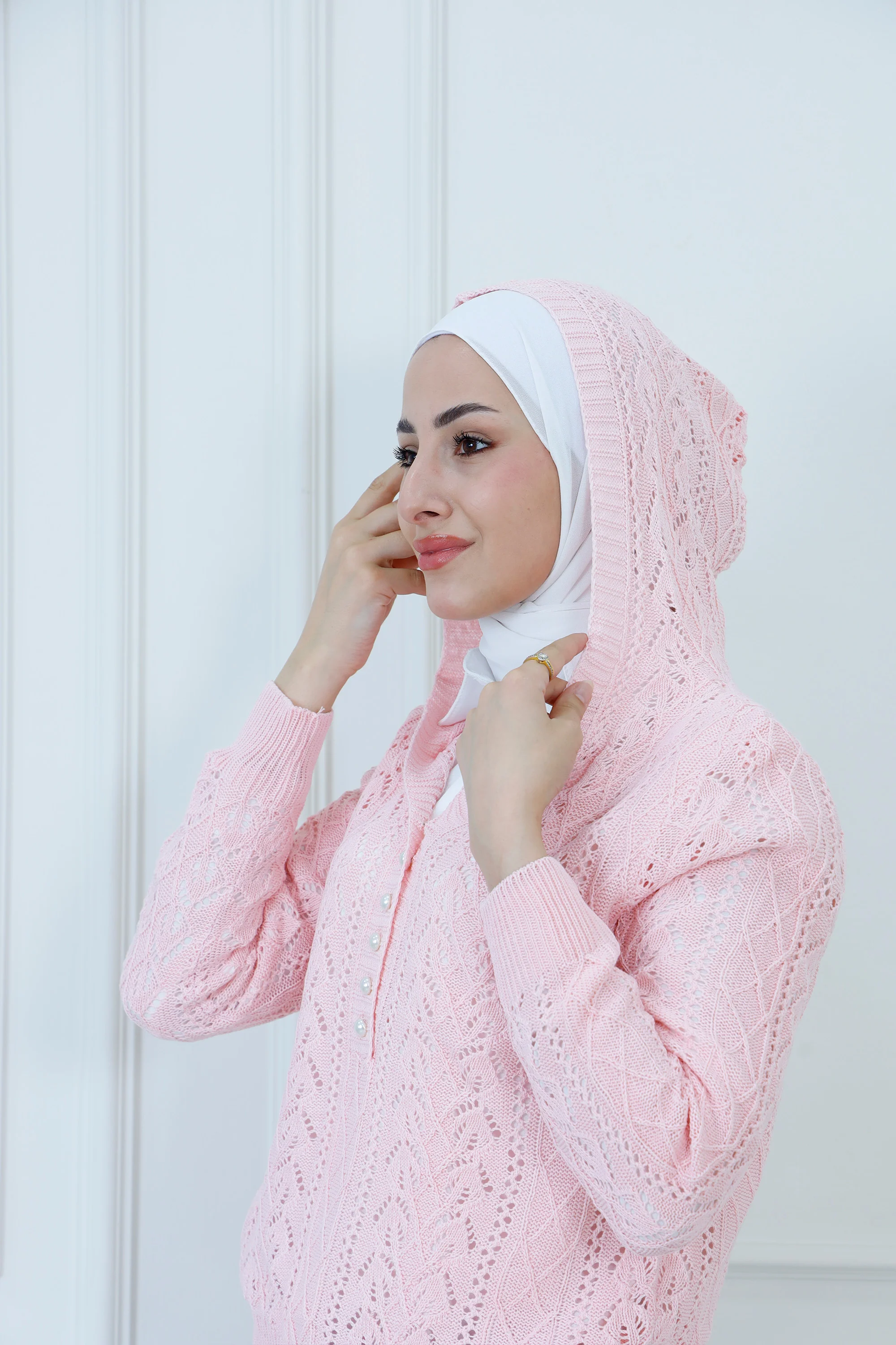 Pointelle Knit Hoodie Sweater with Pearl Buttons