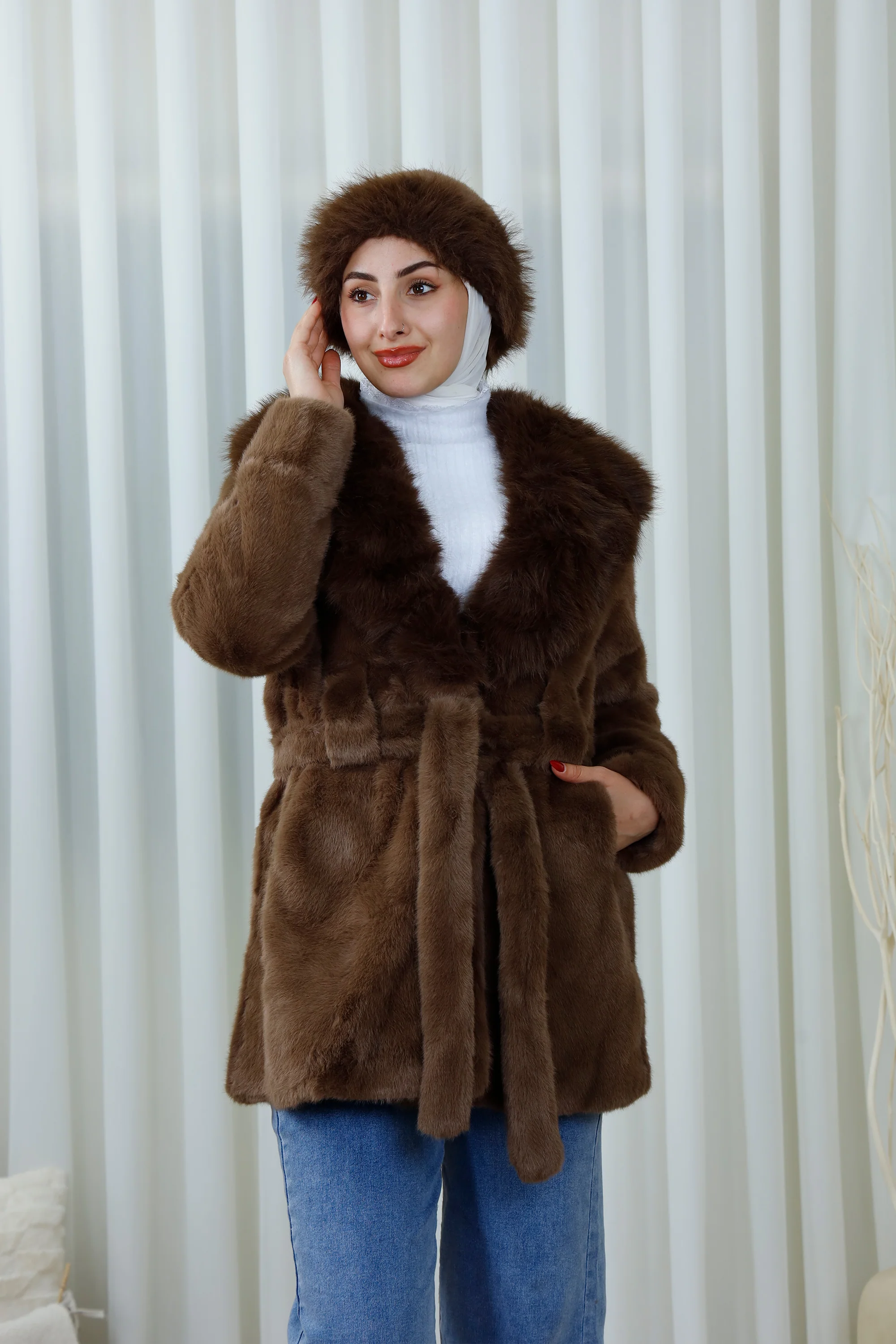 Faux Fur Coat with Belted Waist
