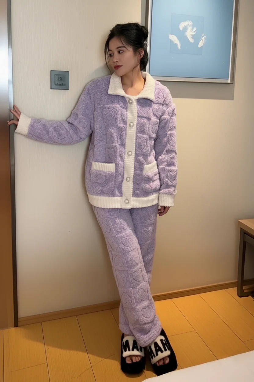 Chic Heart-Patterned Winter Pajama Set