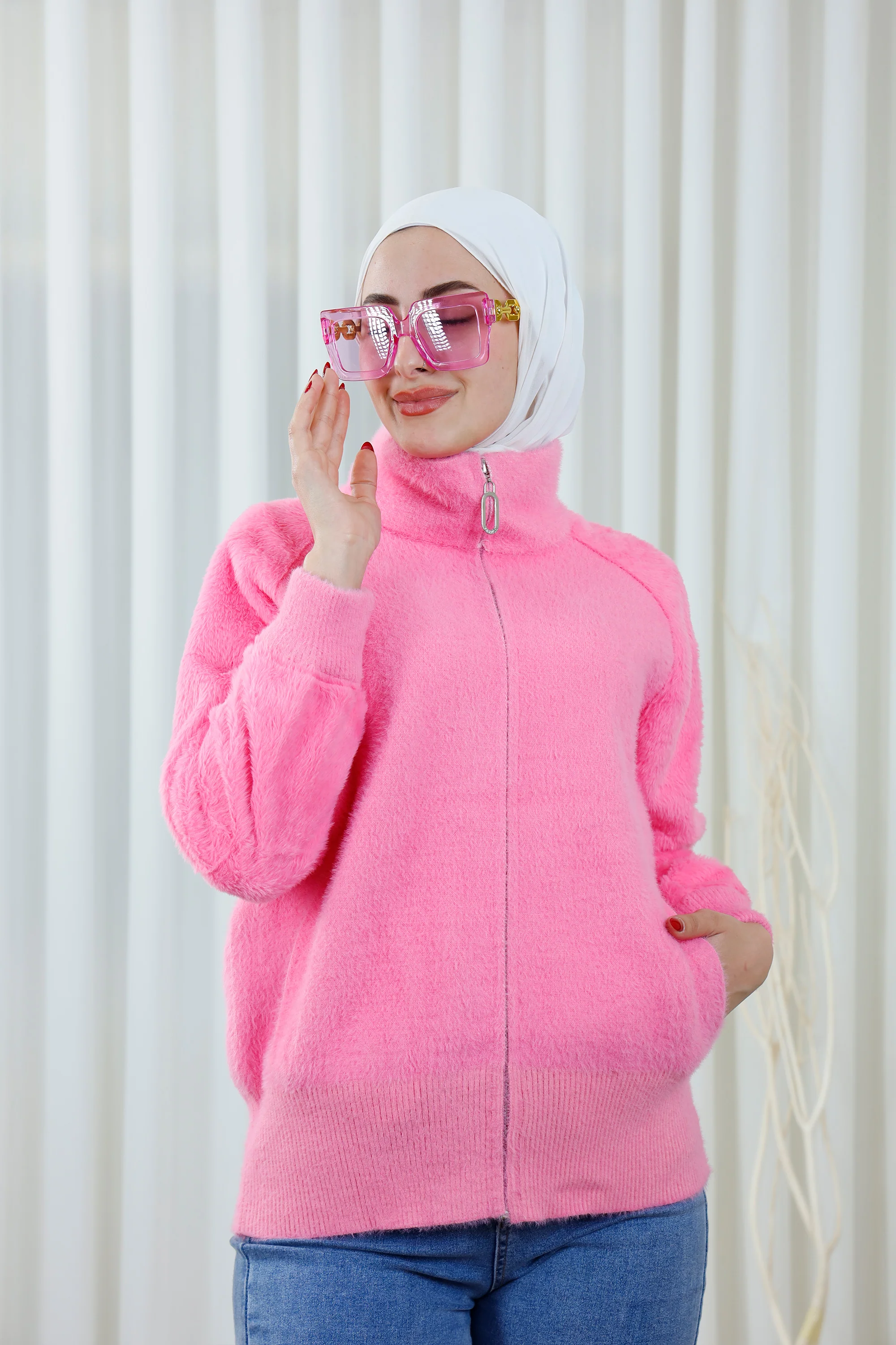 Fuzzy Zip-Up Sweater with High Collar