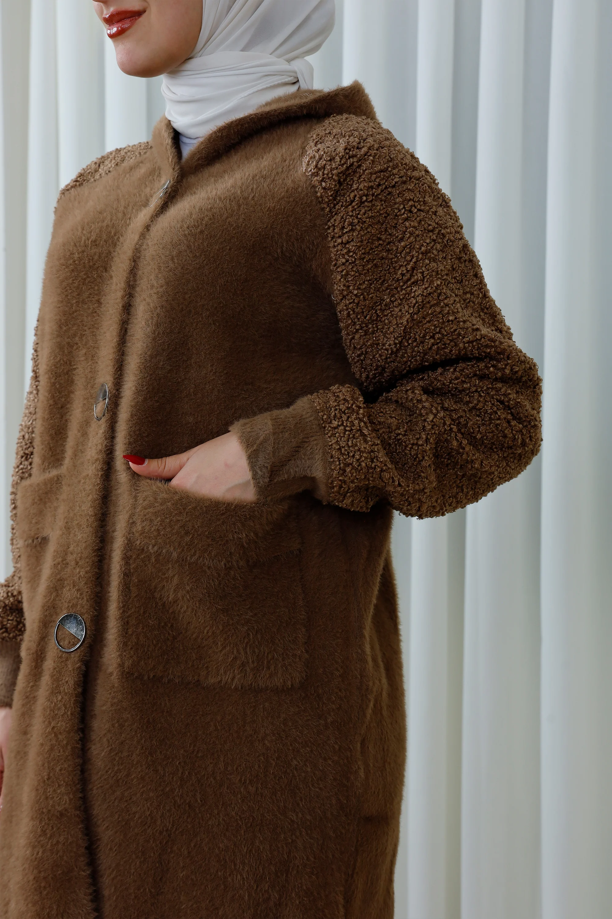 Textured Hooded Coat with Button Closure