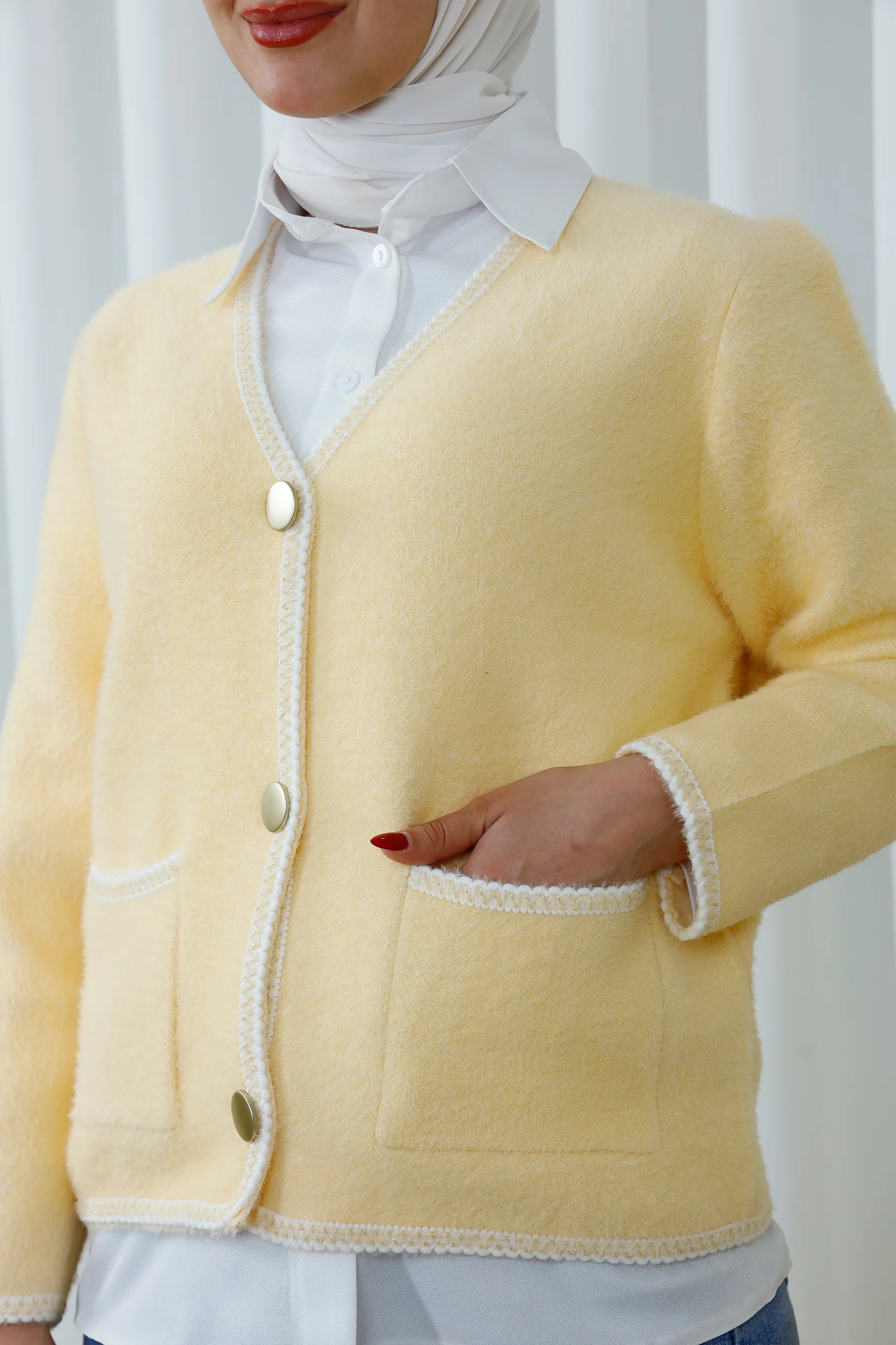 Trimmed Button-Up Cardigan with Pockets