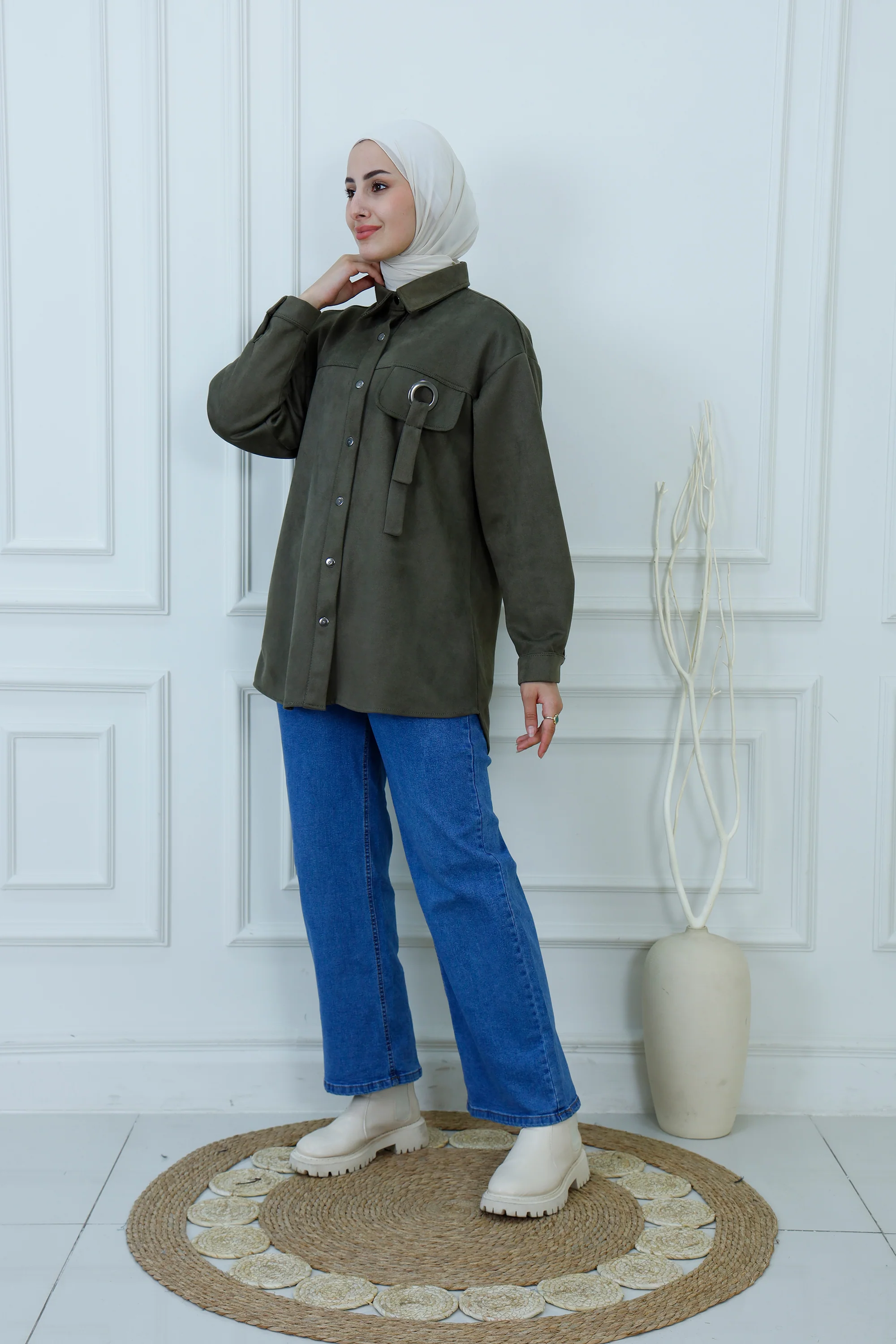 Snap-Button Longline Shirt with Ring Detail