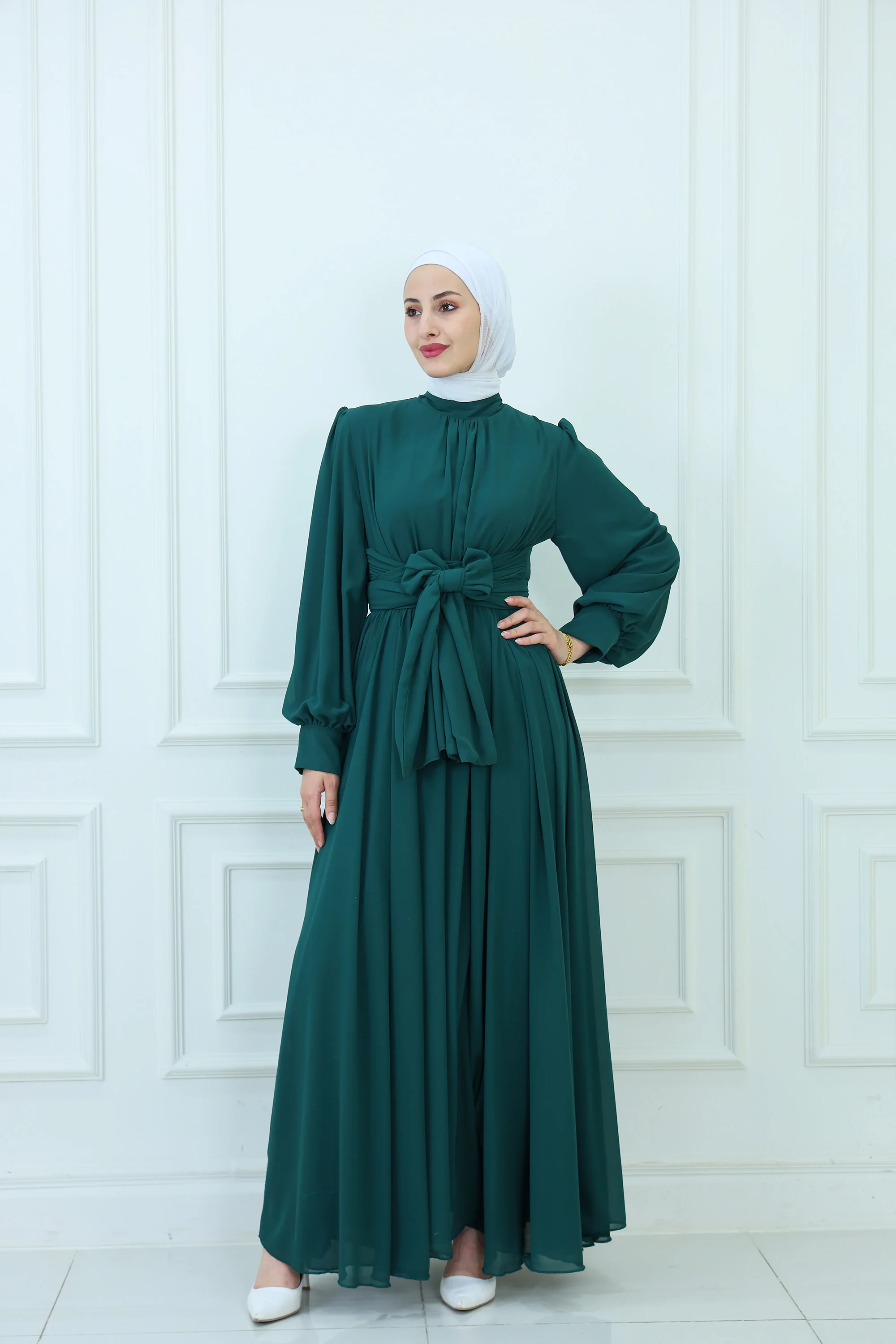 Belted Chiffon Maxi Dress with High-Neck