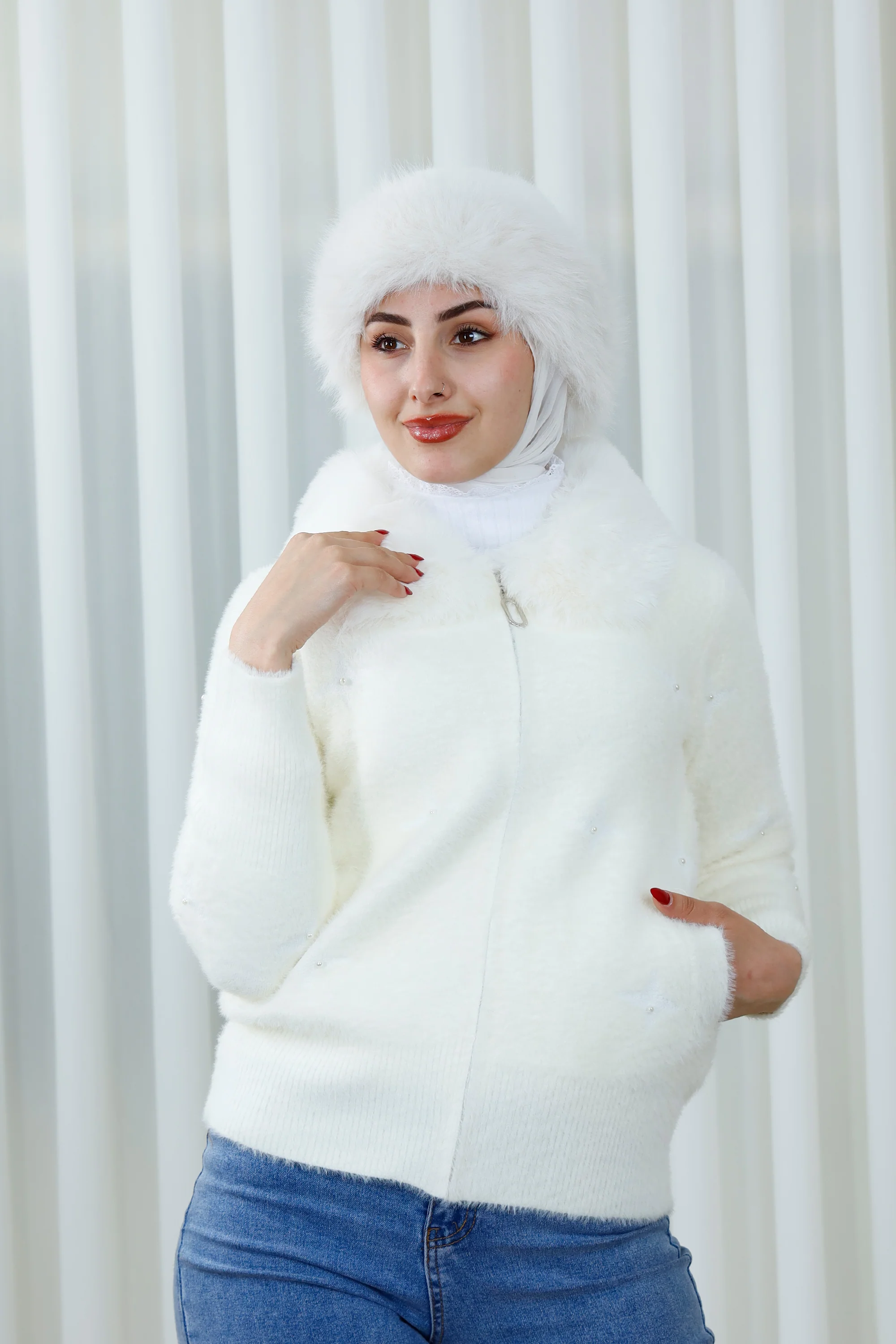 Zip-Up Sweater with Faux Fur Collar and Pearl Accents