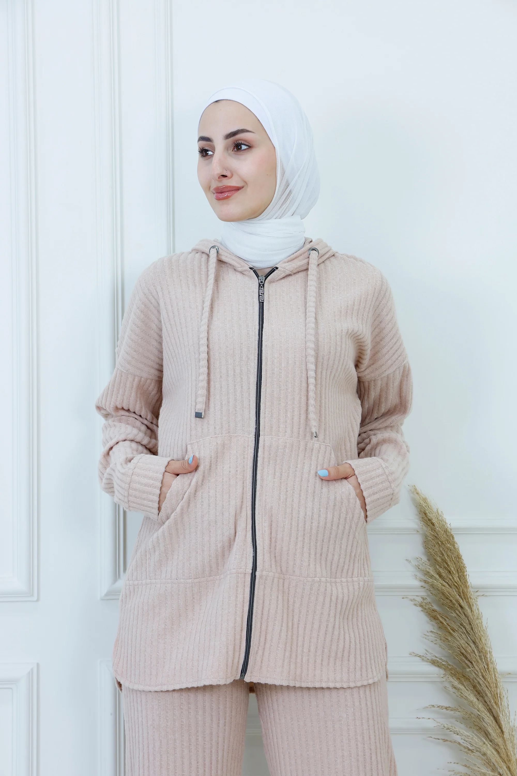 Ribbed Zip-Up Hoodie & Pants Ensemble