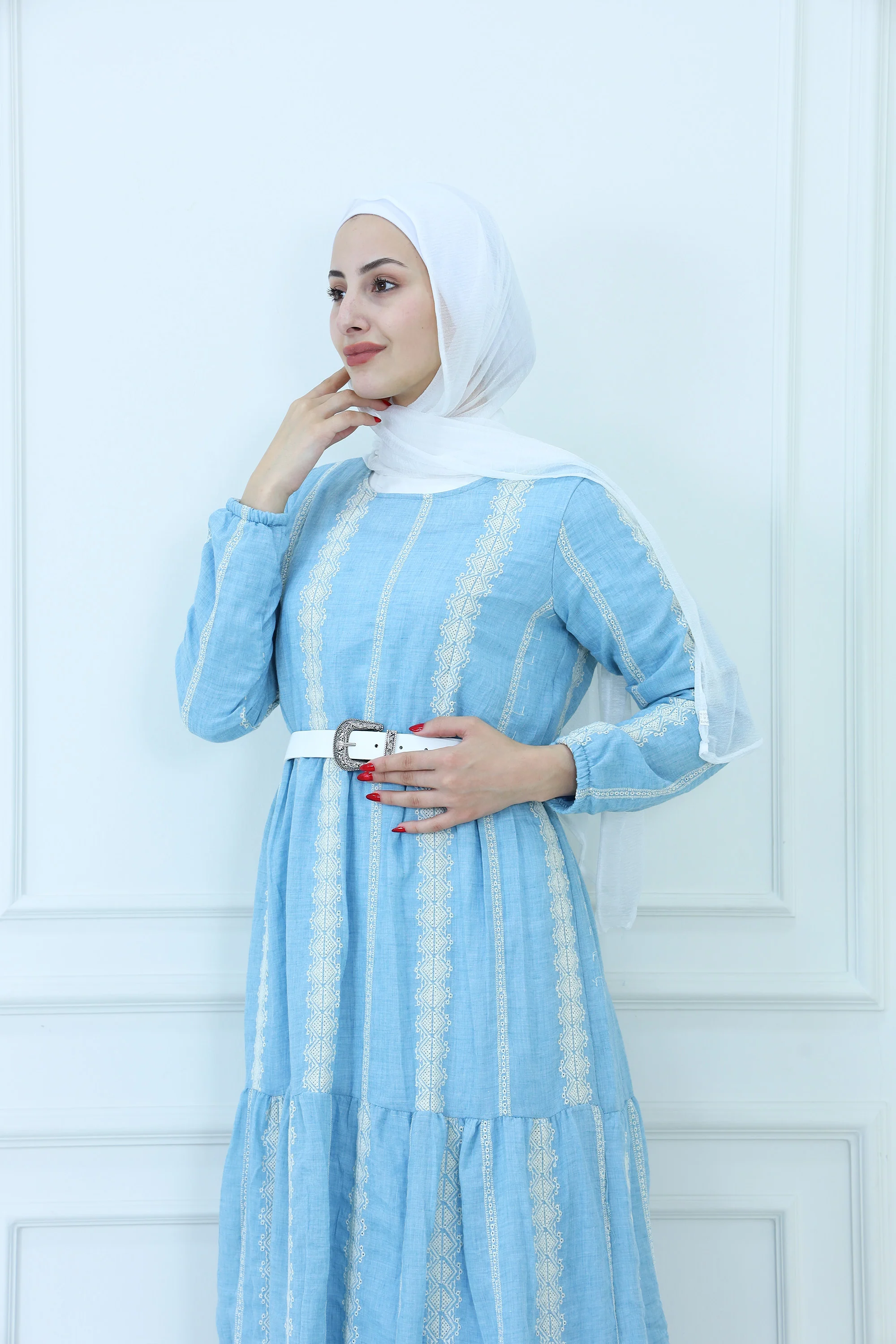 Striped Embroidered Maxi Dress with Belt