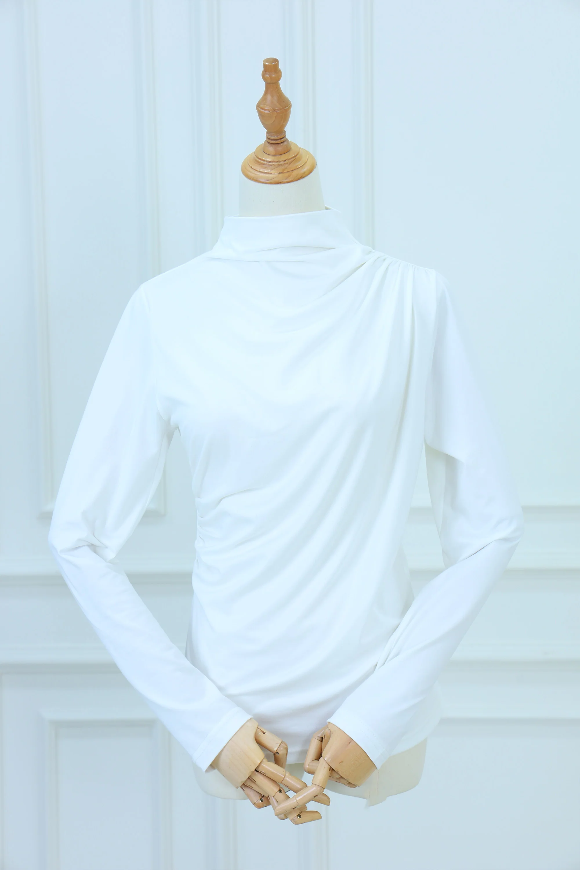 Women's Elegant White Long Sleeve Draped Blouse