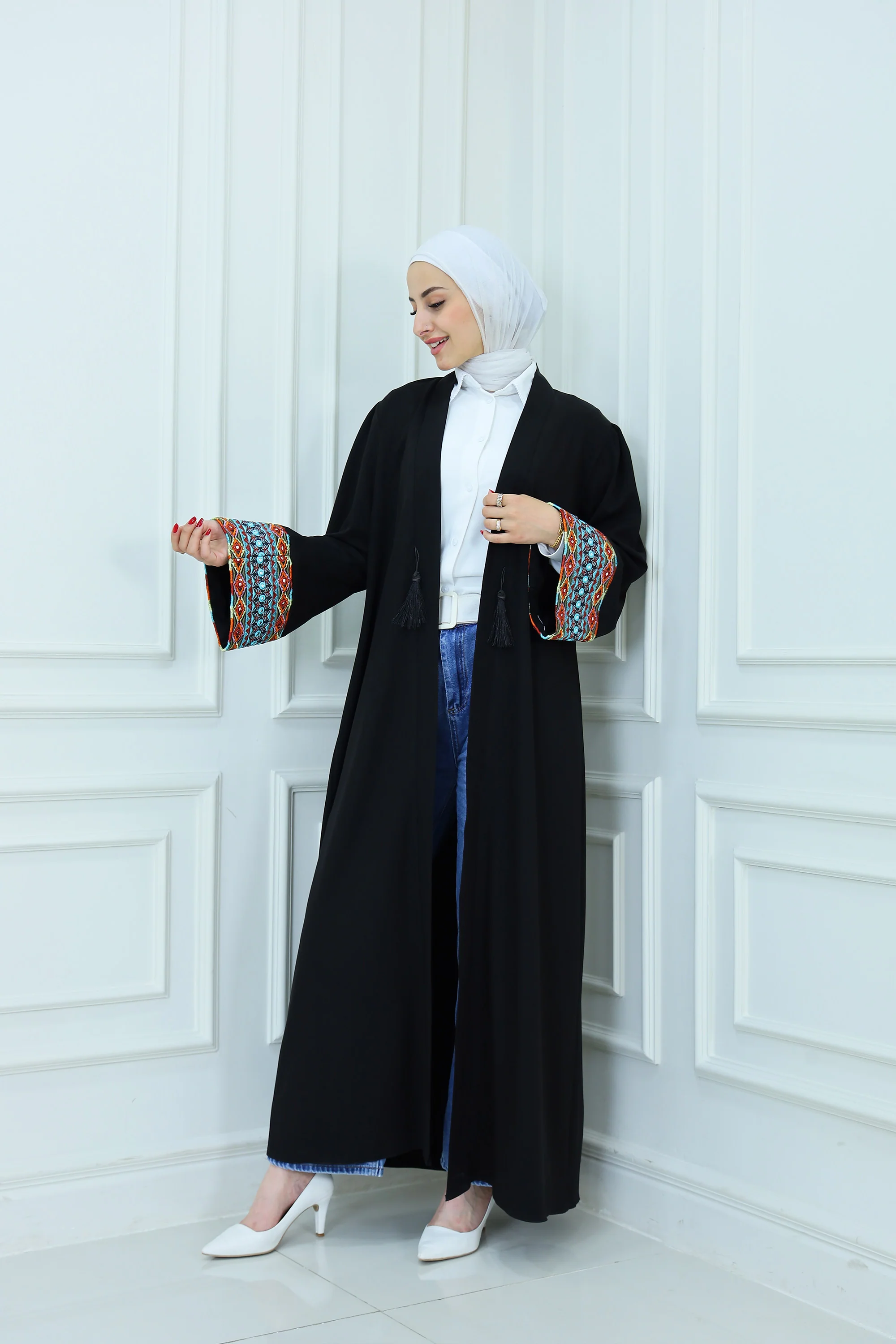 Black Embroidered-Sleeves Cardigan