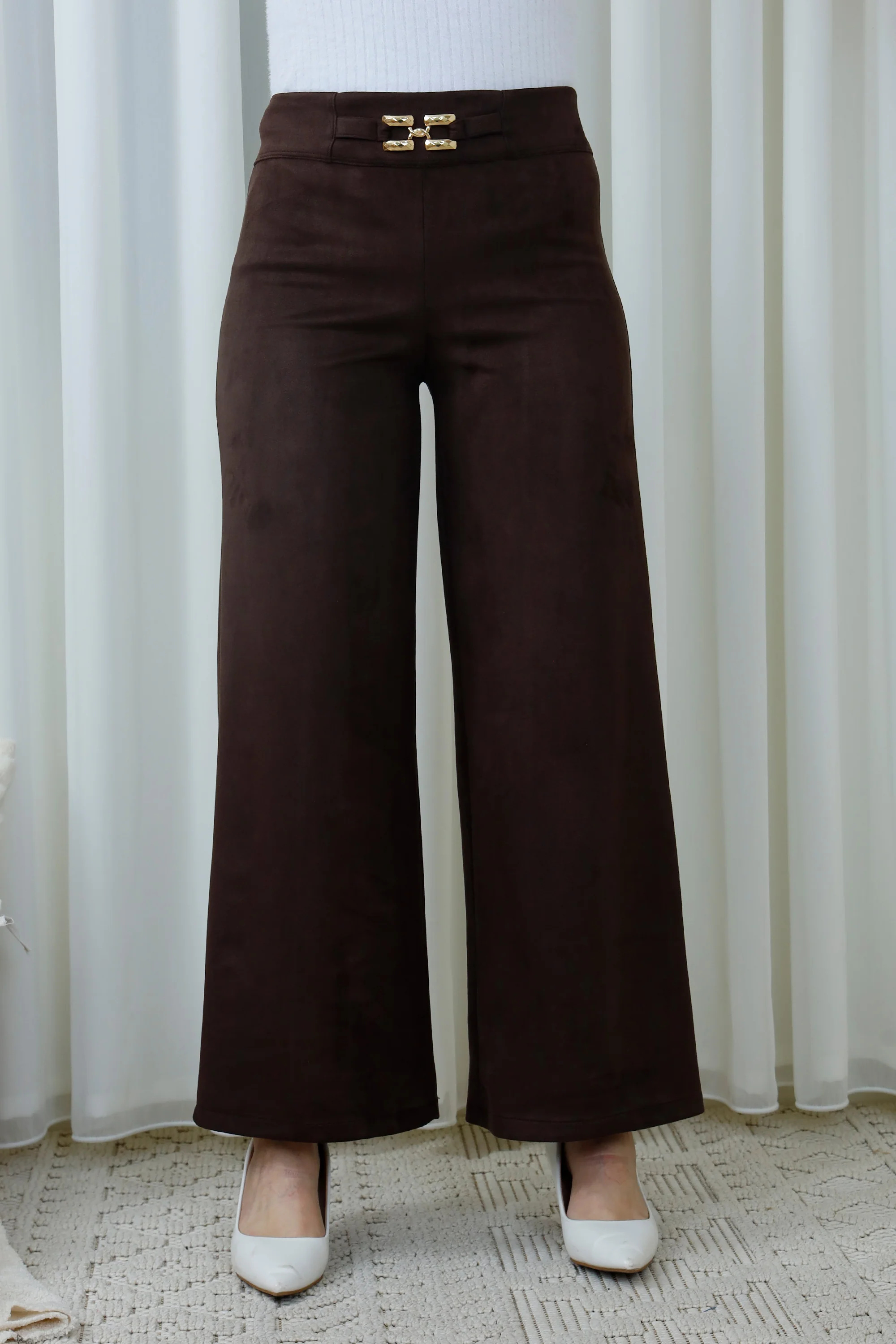 Wide-Leg Pants with Gold Accent Detail
