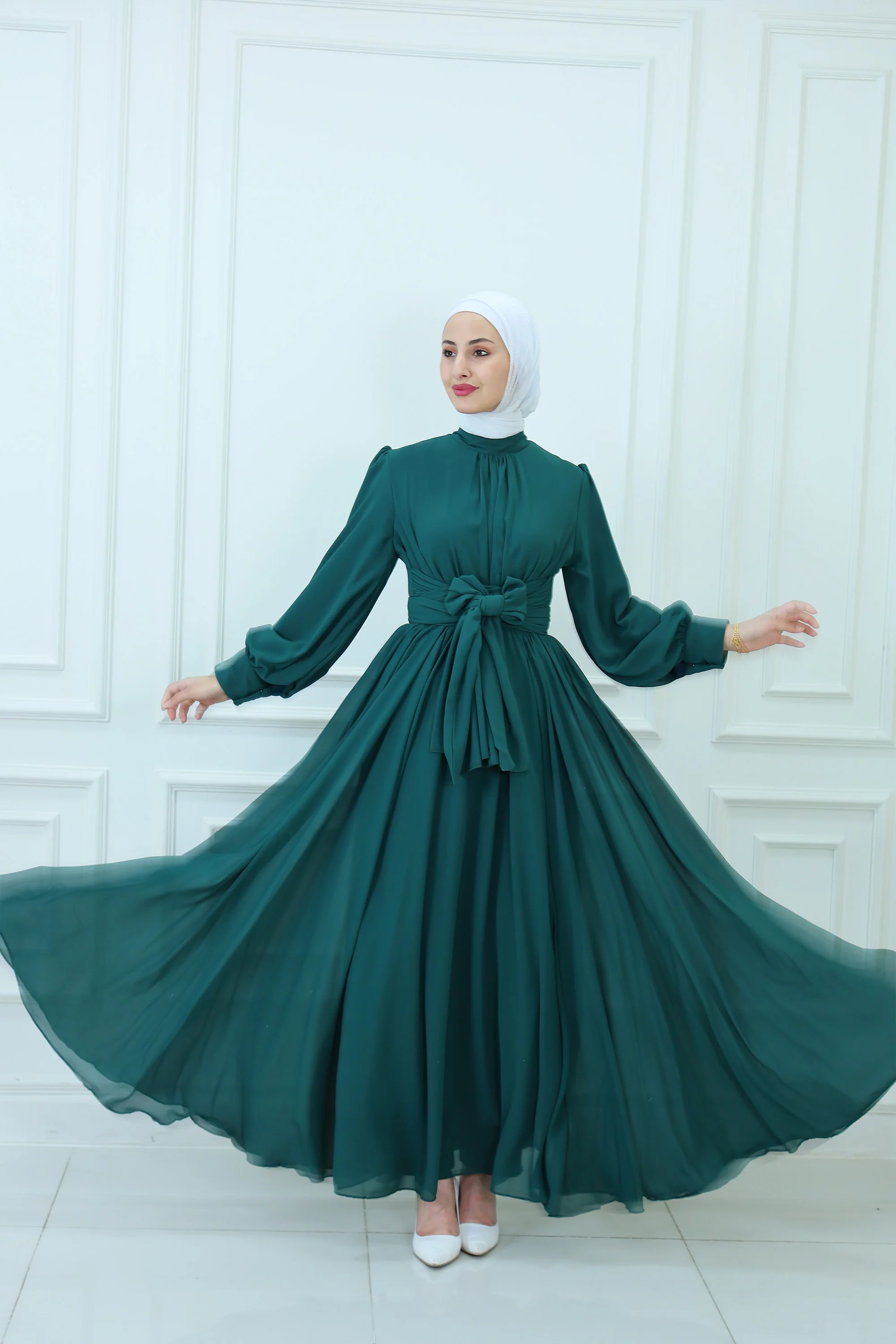 Belted Chiffon Maxi Dress with High-Neck