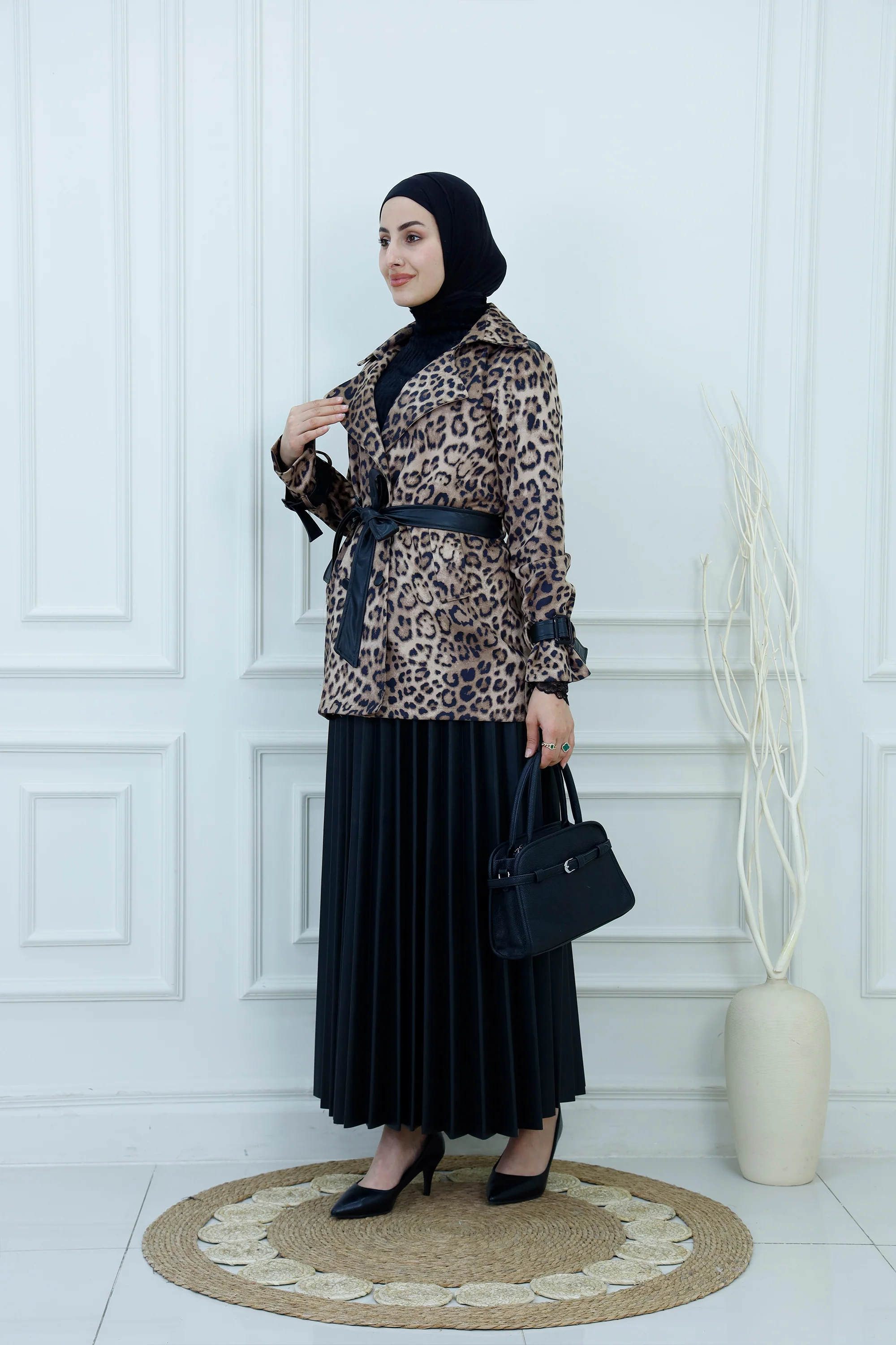 Tiger Print Blazer & Pleated Leather Skirt Suit