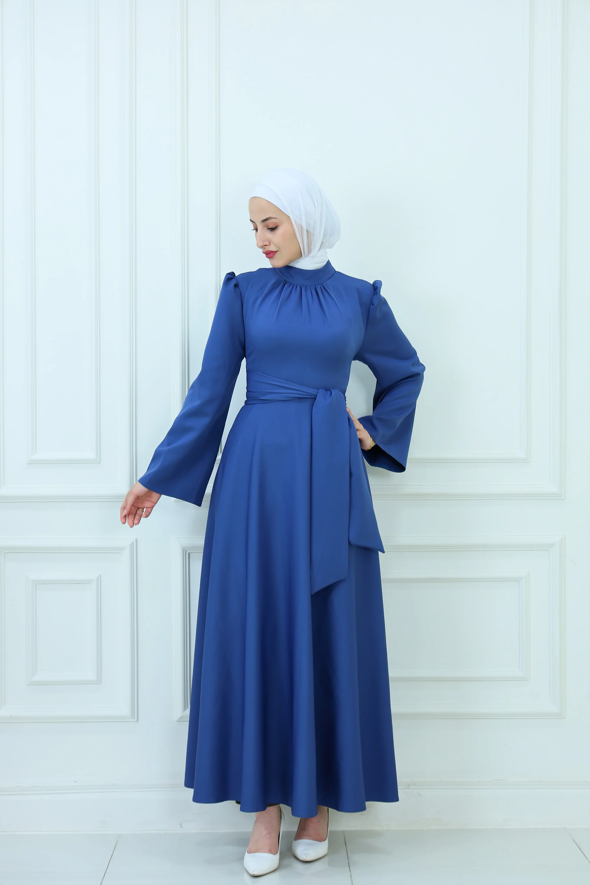 Belted Maxi Dress with High-Neck